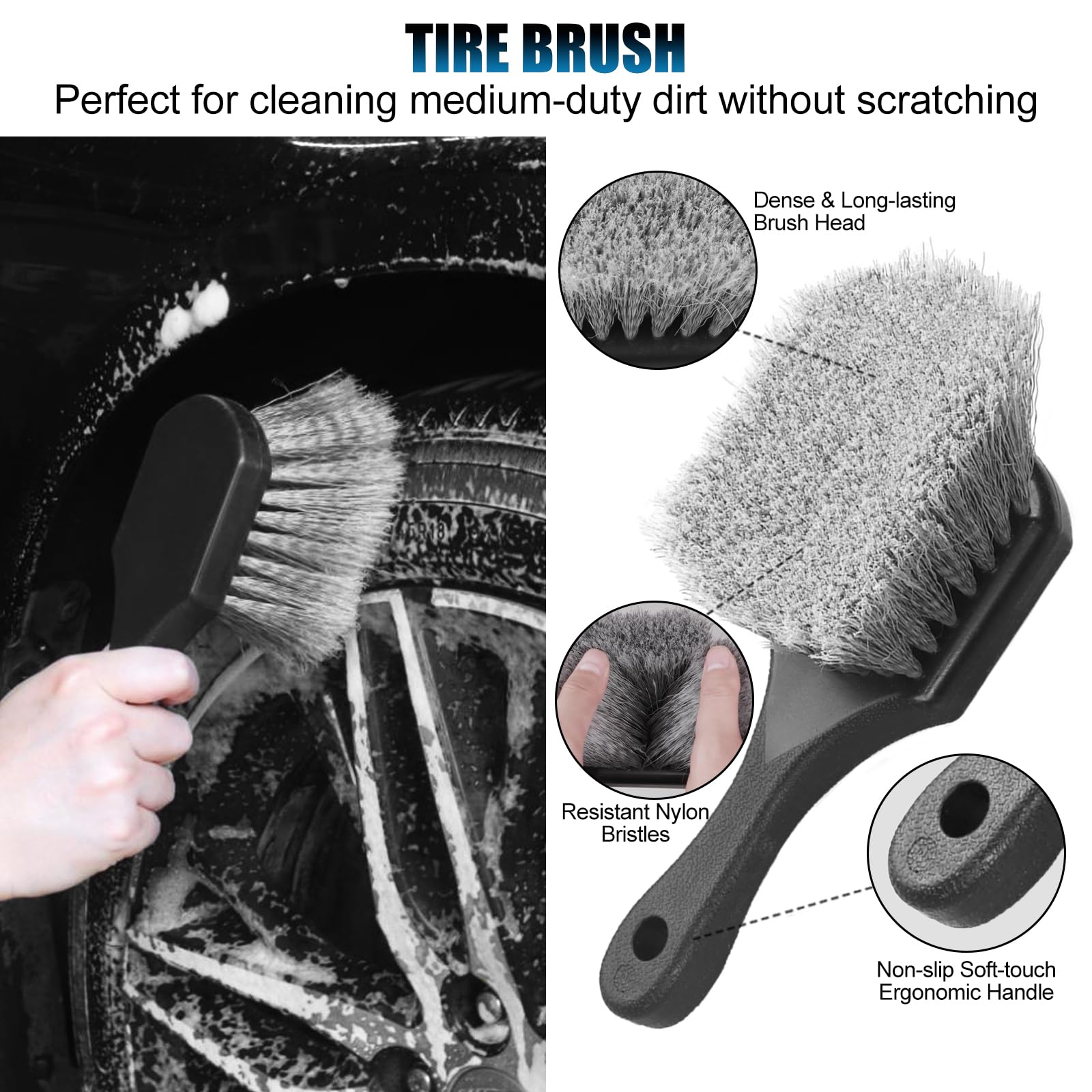 360-degree bendable wheel brush reaches lug nuts and rim lips