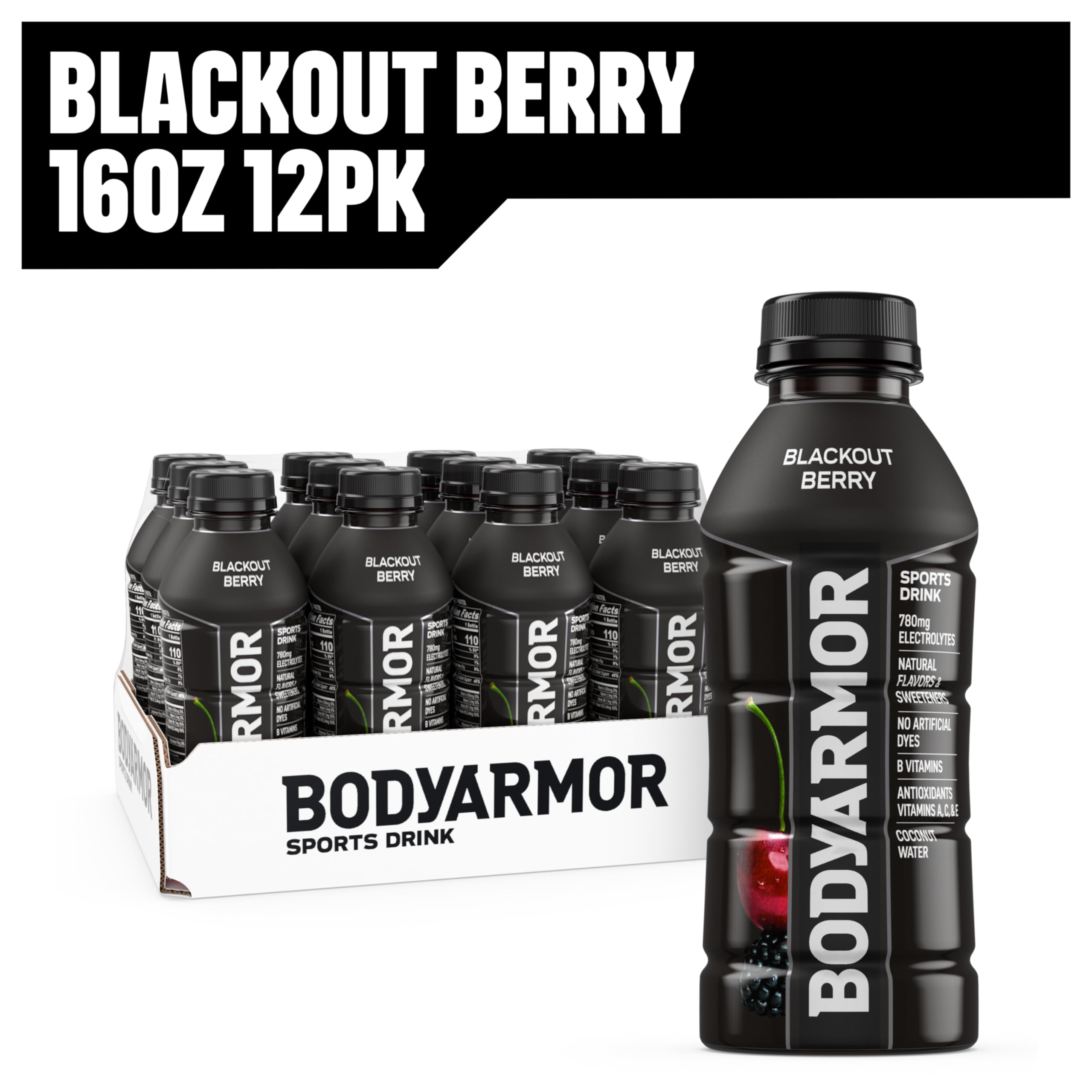 BodyArmor 16oz Blackout Berry sports drink packaging