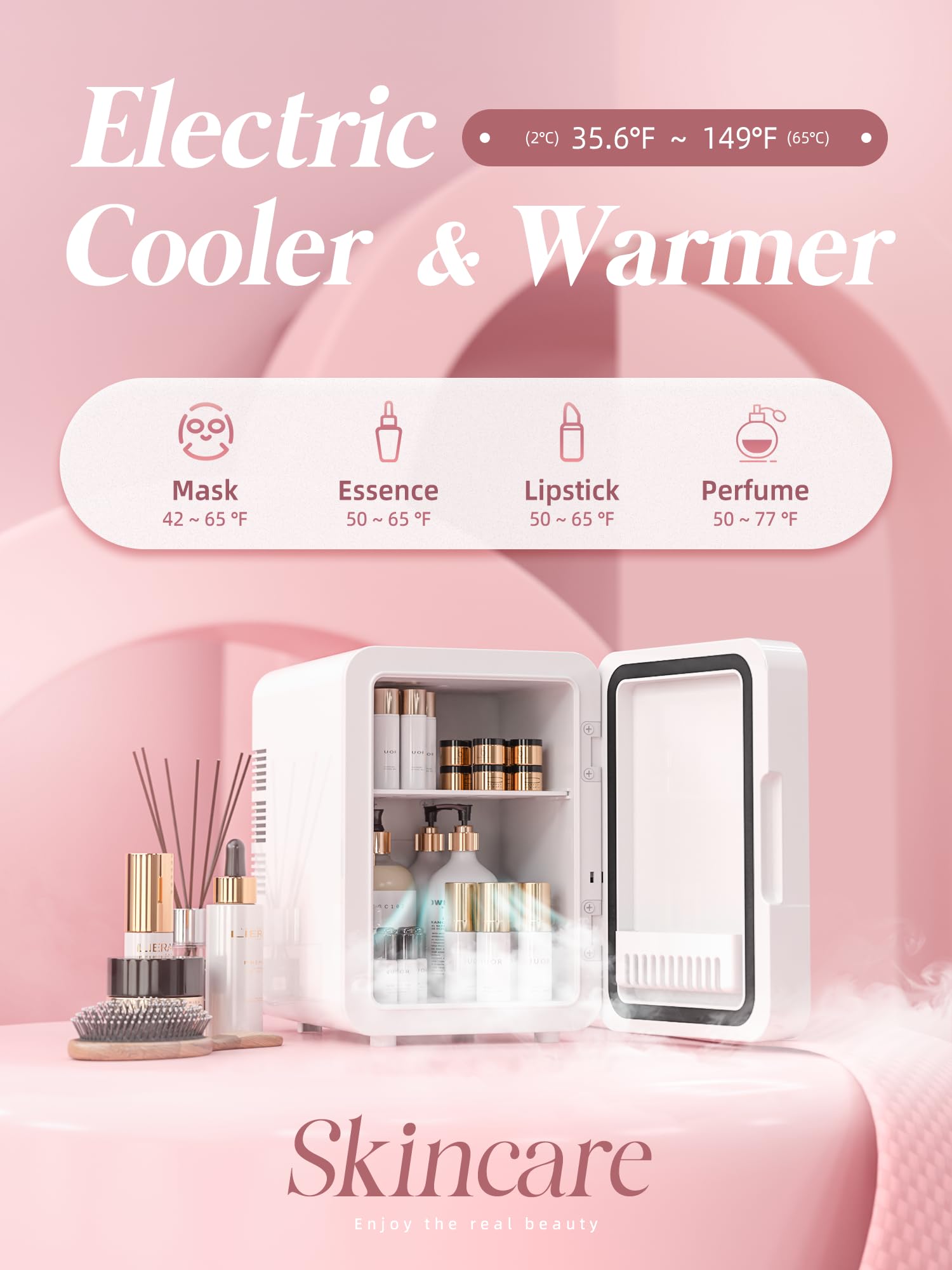 BOGDA Mini Skincare Fridge chills six 12 oz cans