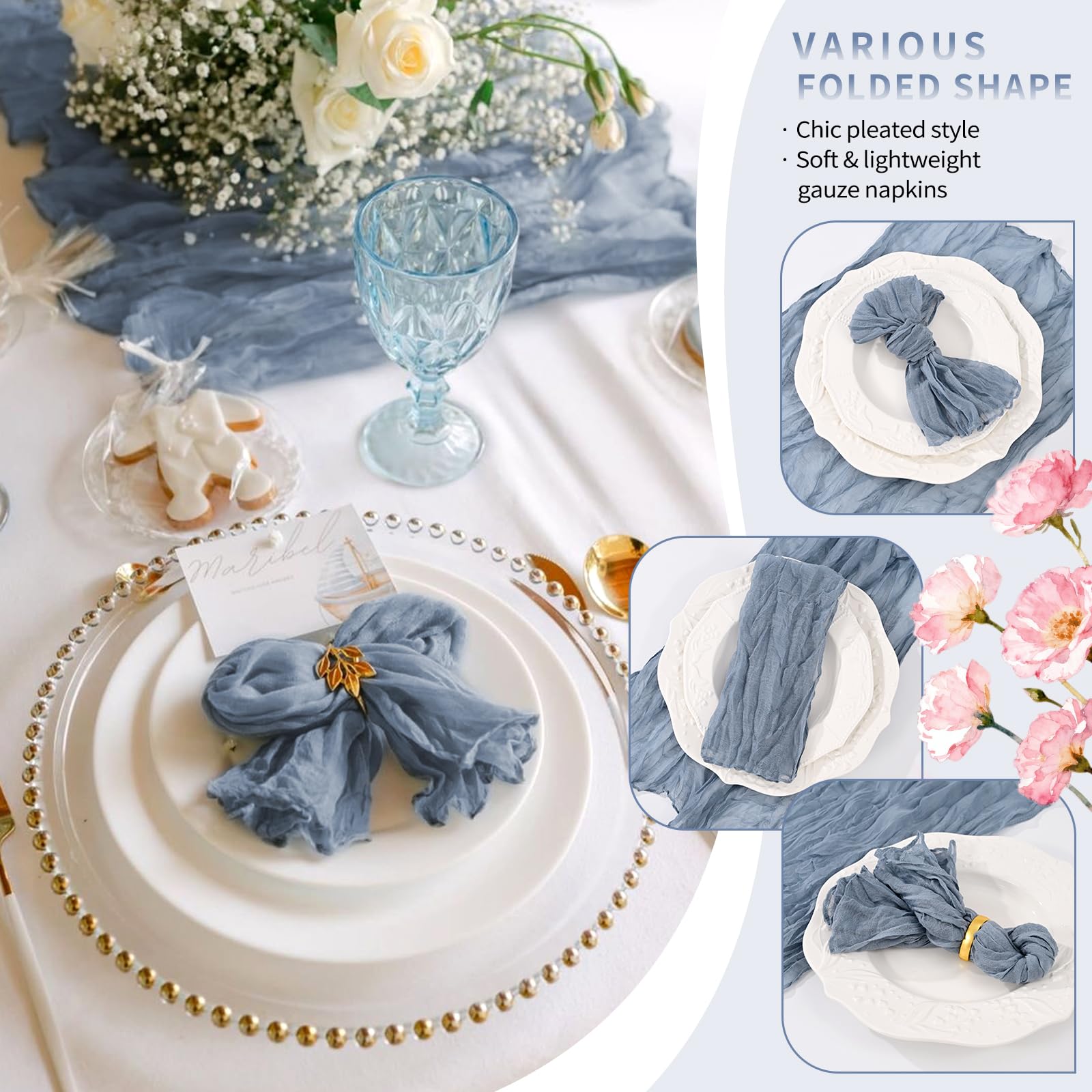 Boho style cheesecloth napkins 20x20 dusty blue