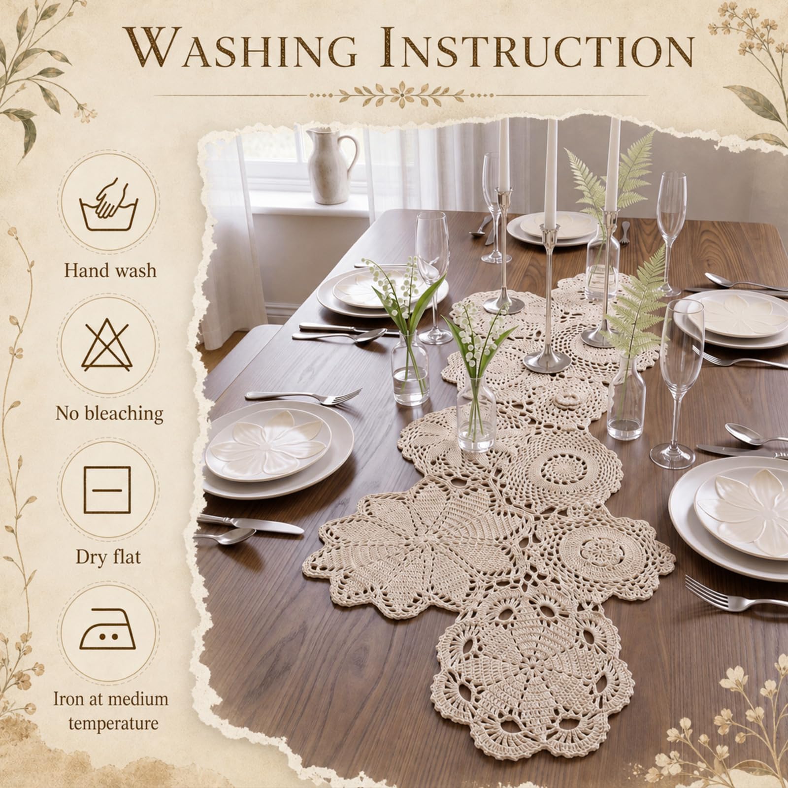 Handcrafted crochet details on table runner decorative lace