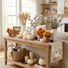 Linen-texture polyester table runner for seasonal use