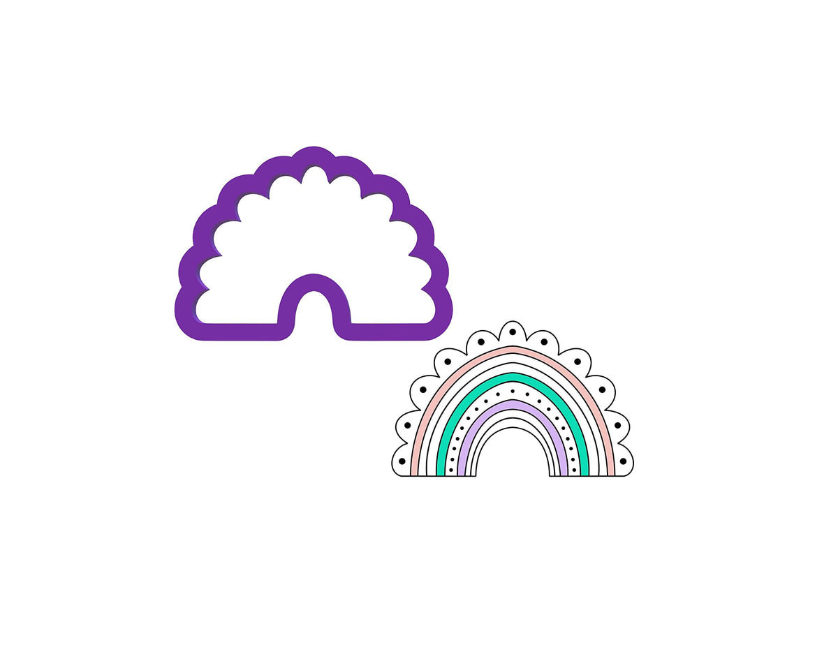 Boho Rainbow Cookie Cutter size 3.5w x 2.3h made with purple PLA plastic
