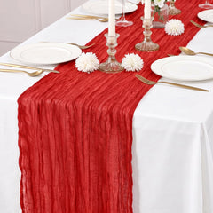 Wrinkled sheer gauze red table runner for elegant tables