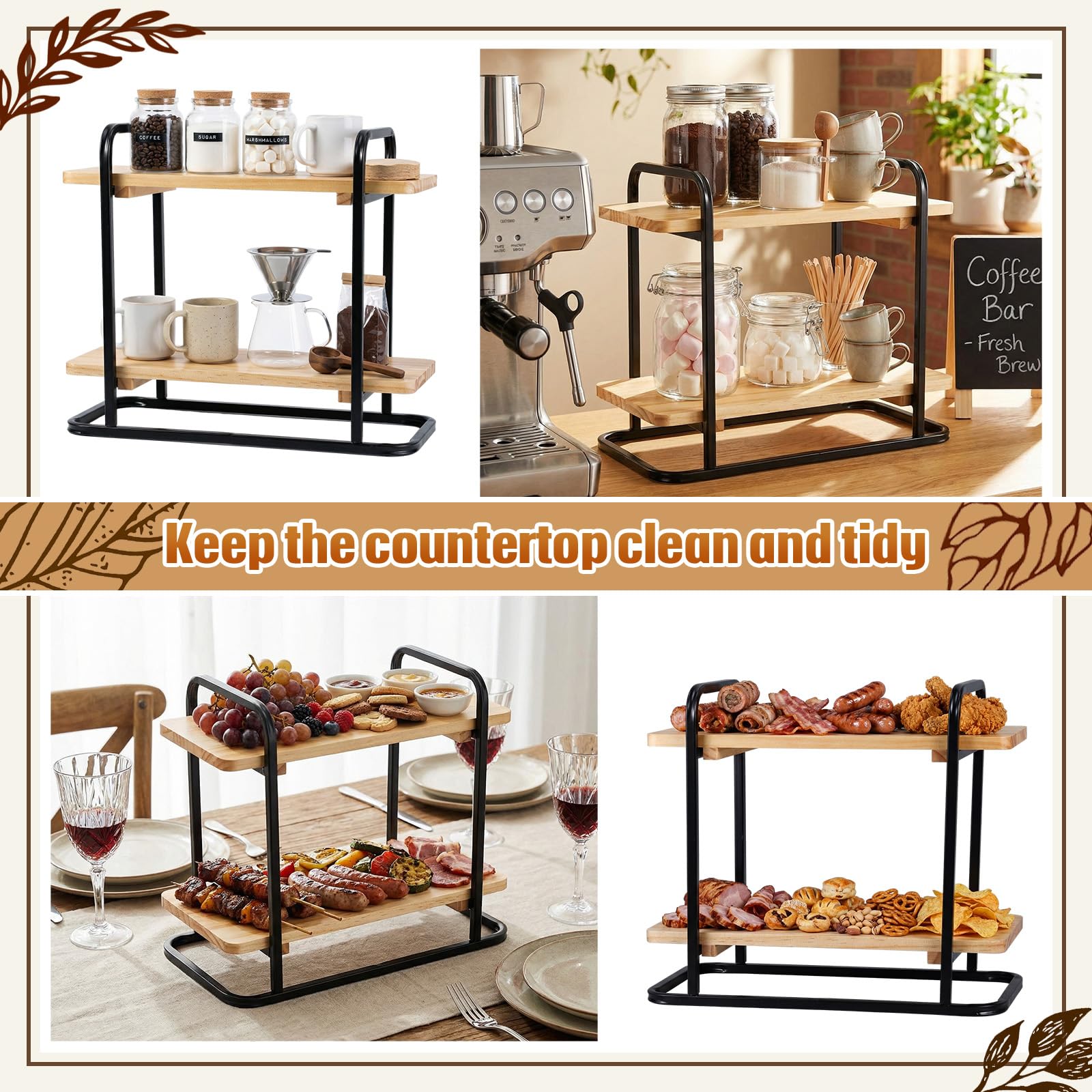 Wood and metal kitchen coffee bar shelf for home or office