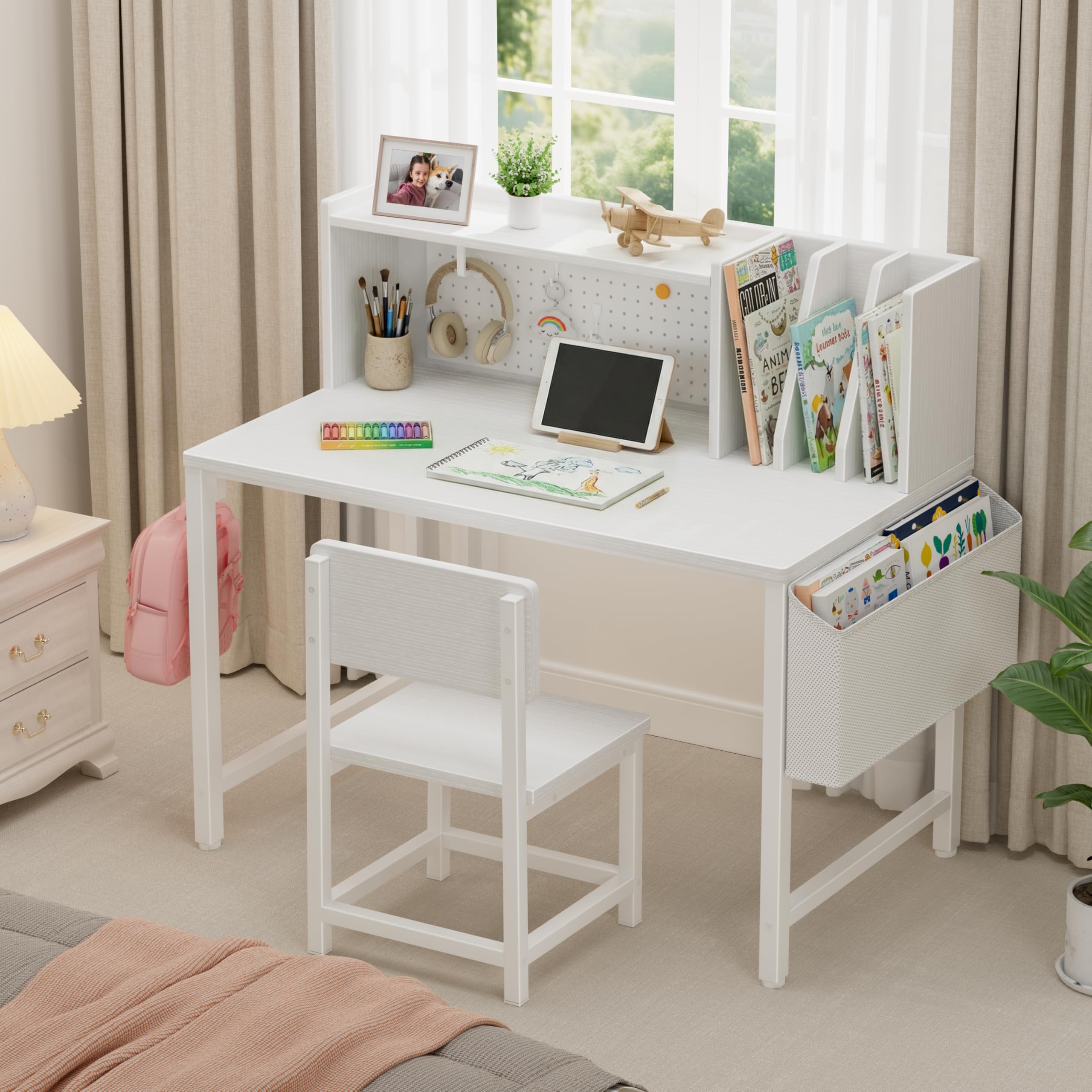 Desk with hutch has a 3-layer shelf for books and supplies