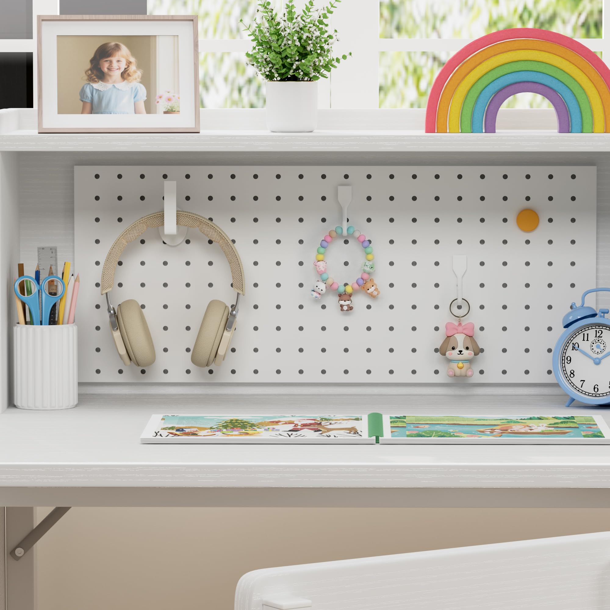Desk top surface and storage space shown in set
