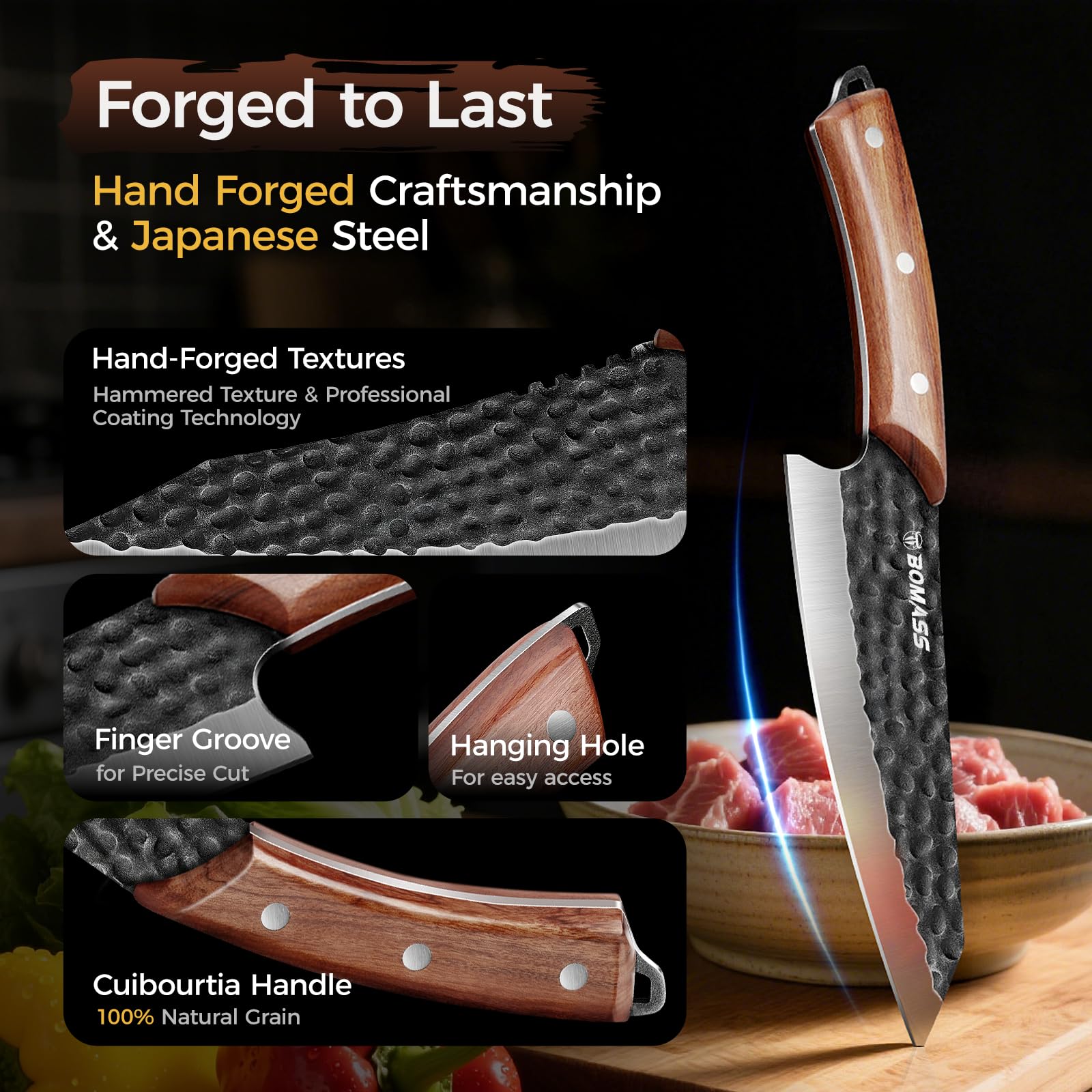 Hand forged BOMASS kitchen knife with oak handle