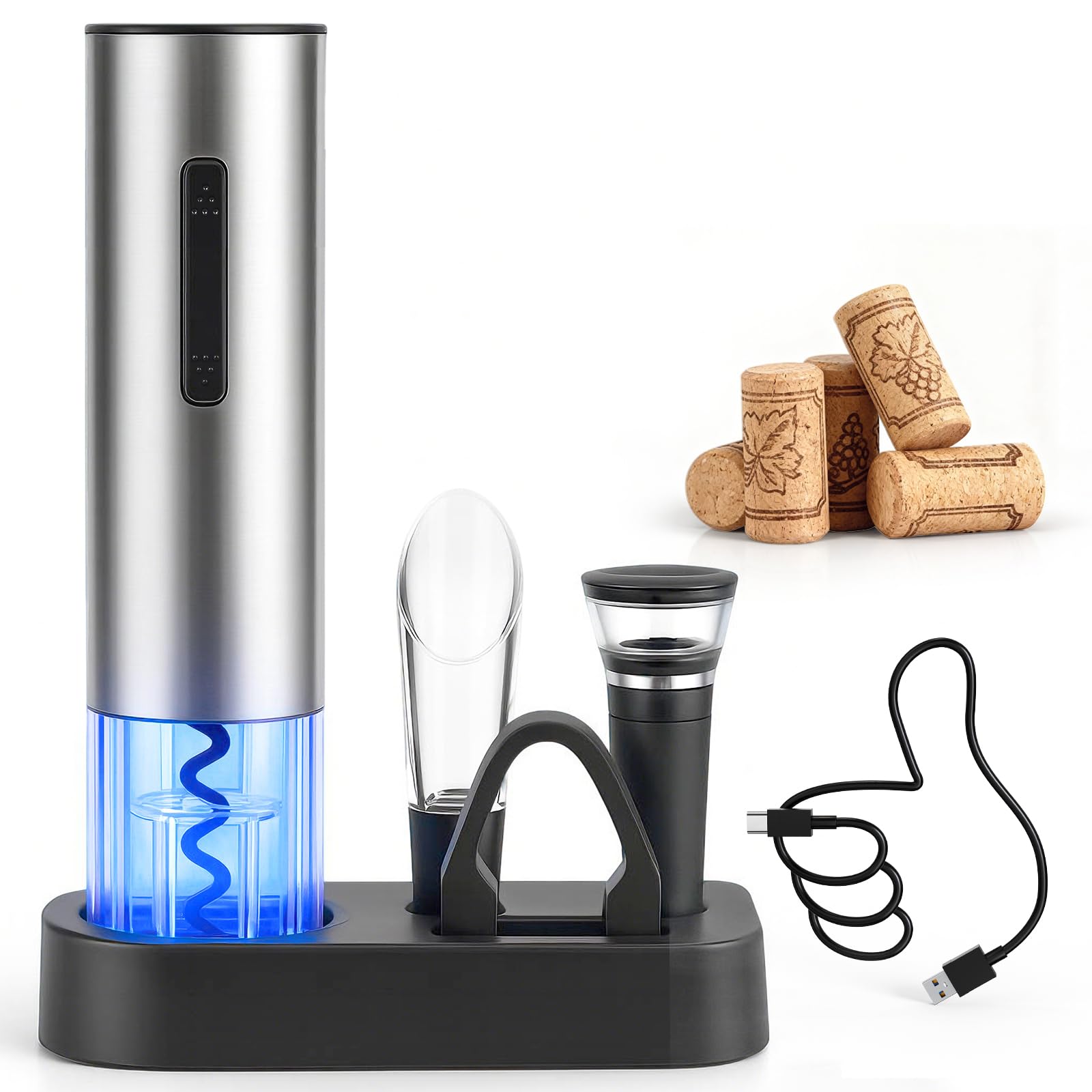 BONACHEF Electric Wine Opener Silver with storage base