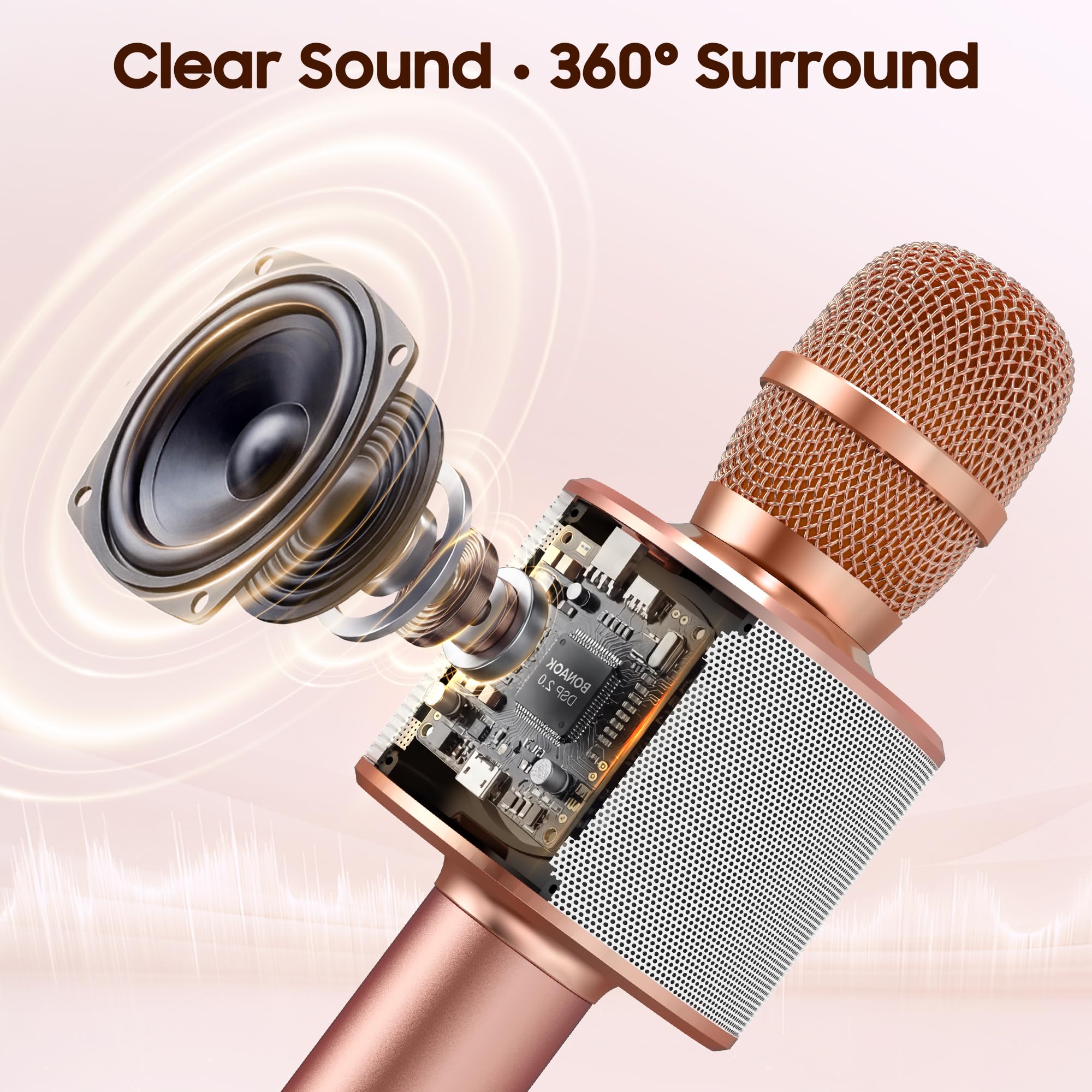 Karaoke microphone Q37 rose gold with Bluetooth and cable options
