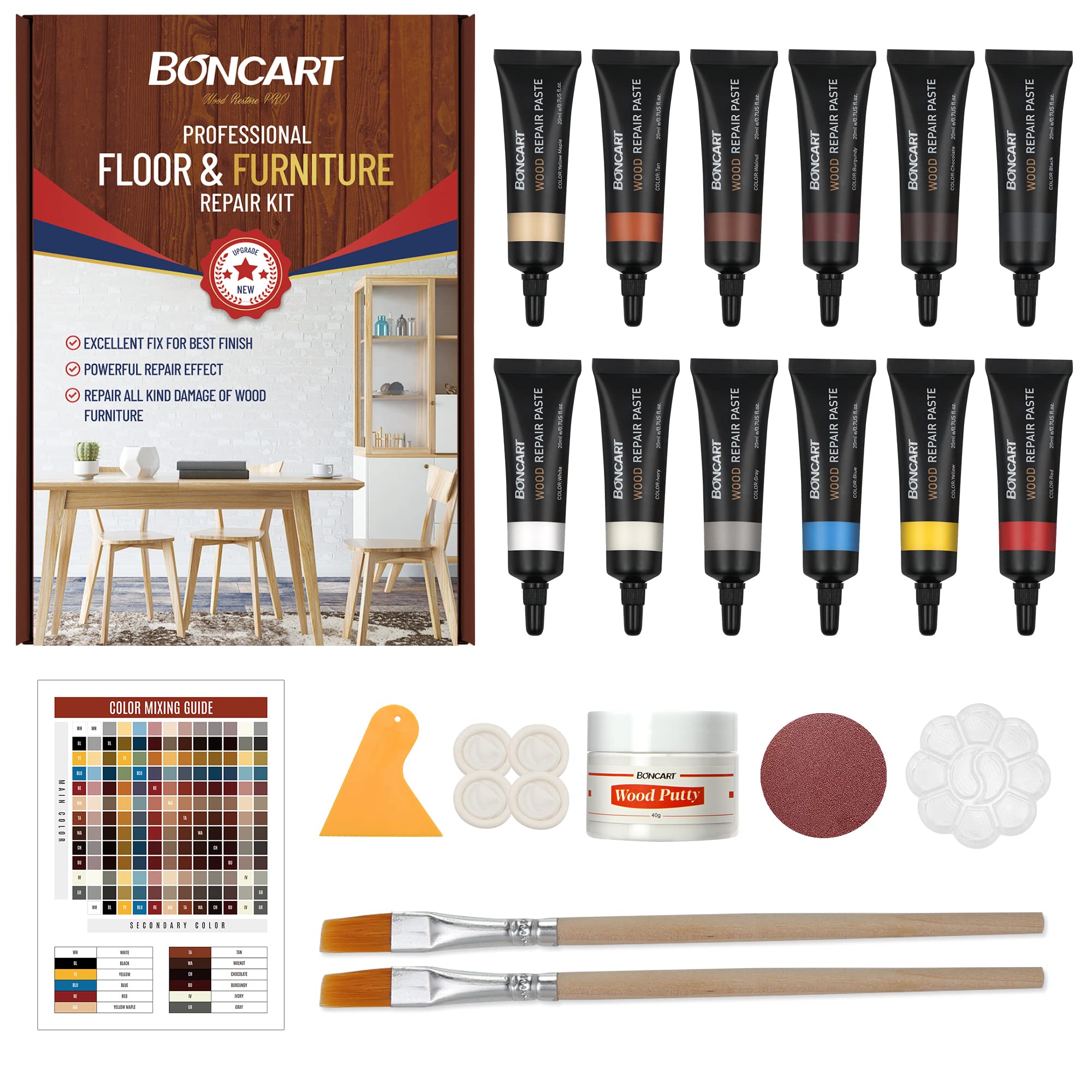 Boncart Wood Furniture Repair Kit with 12 color pastes and tools