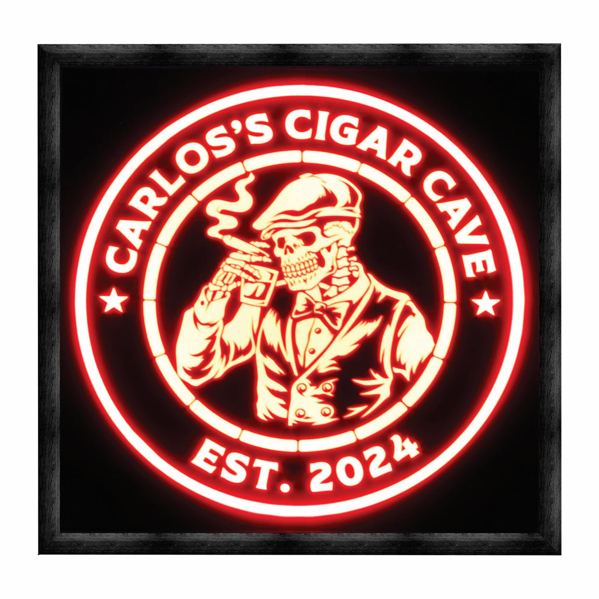 Bones & Smoke Co personalized bourbon & bones skeleton sign in wood frame