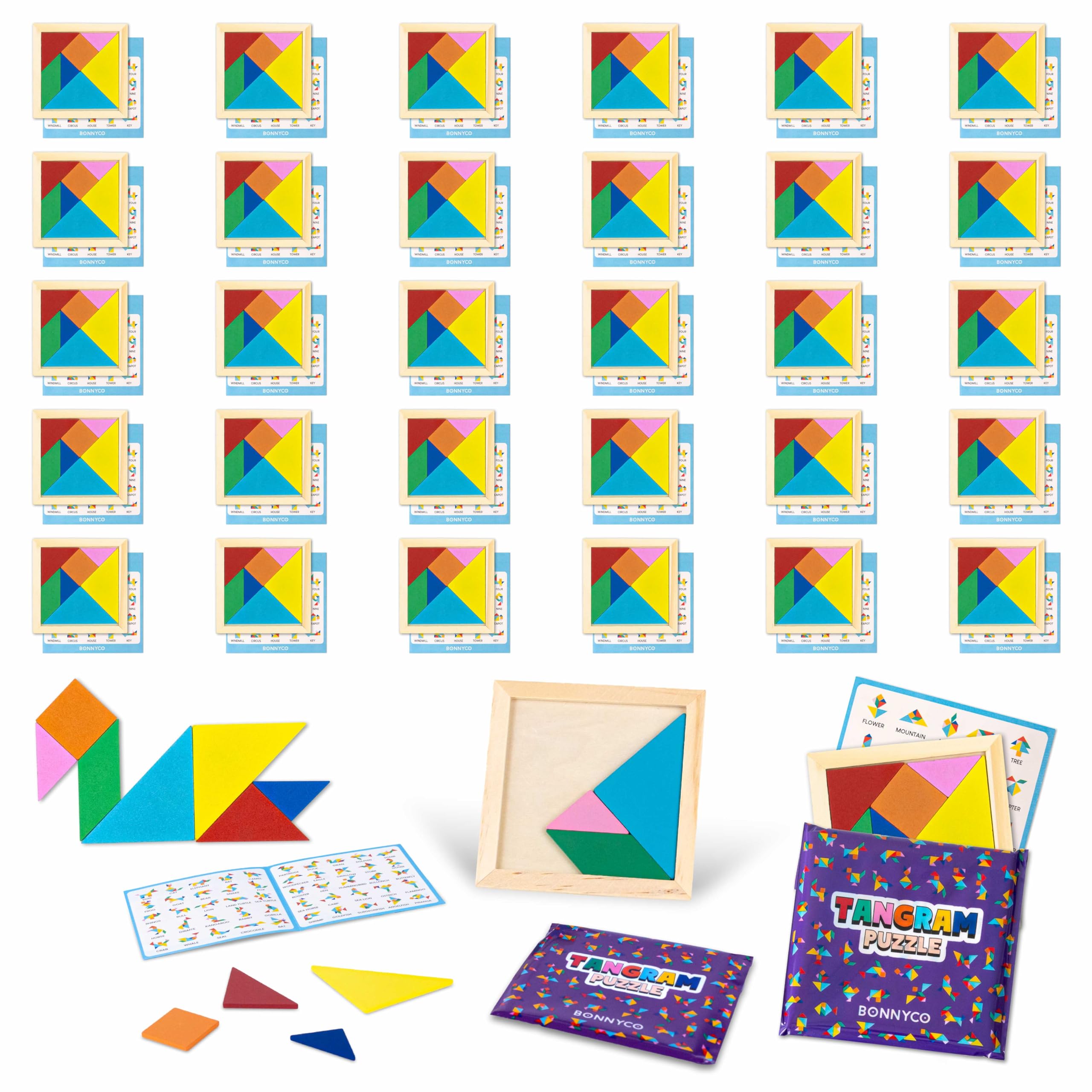 BONNYCO Tangram Puzzle wooden pack 30 in individual bags