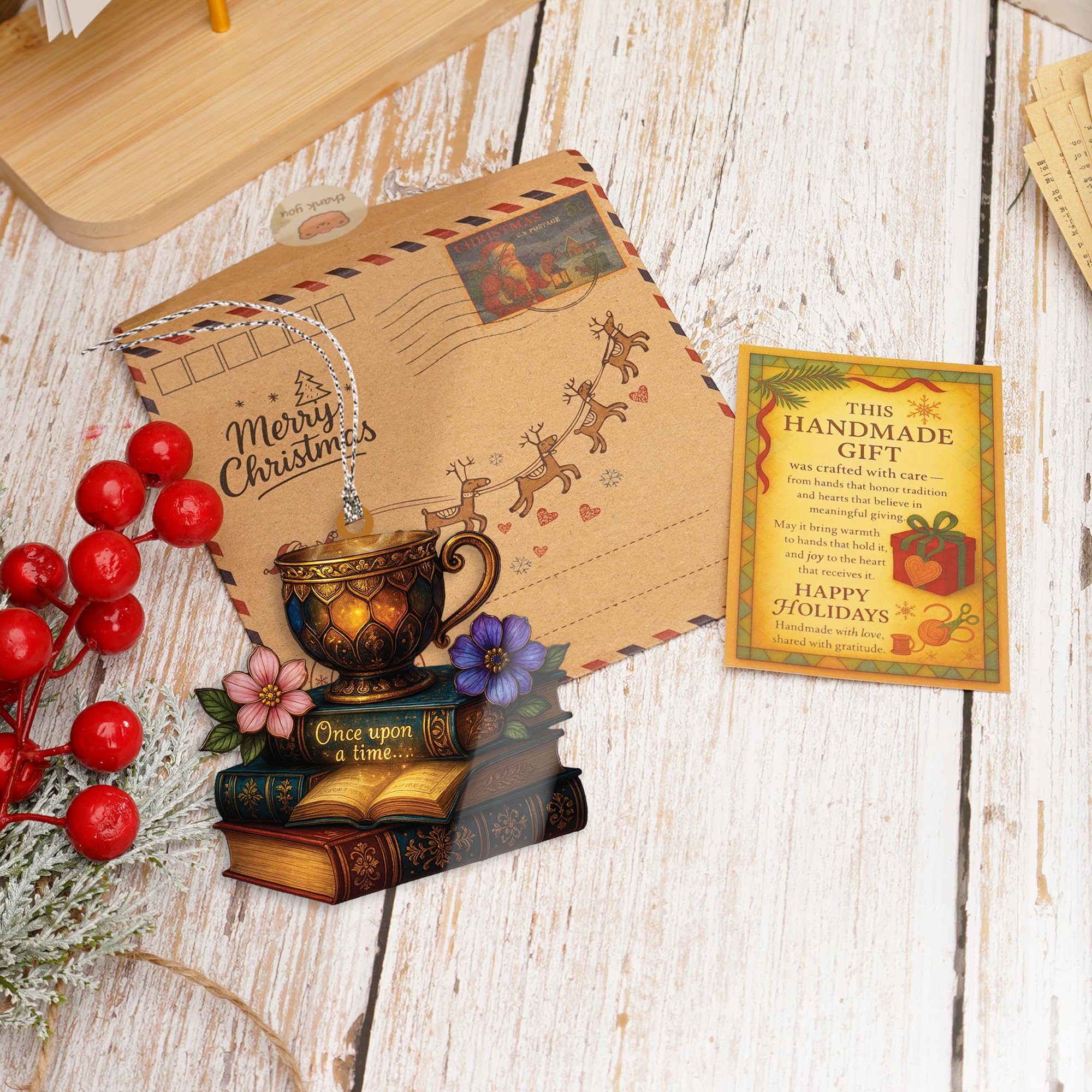 Book ornament with story card displayed on shelf