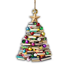 Book Christmas Tree Ornament 4.7 inches tall set of 2 wooden decor
