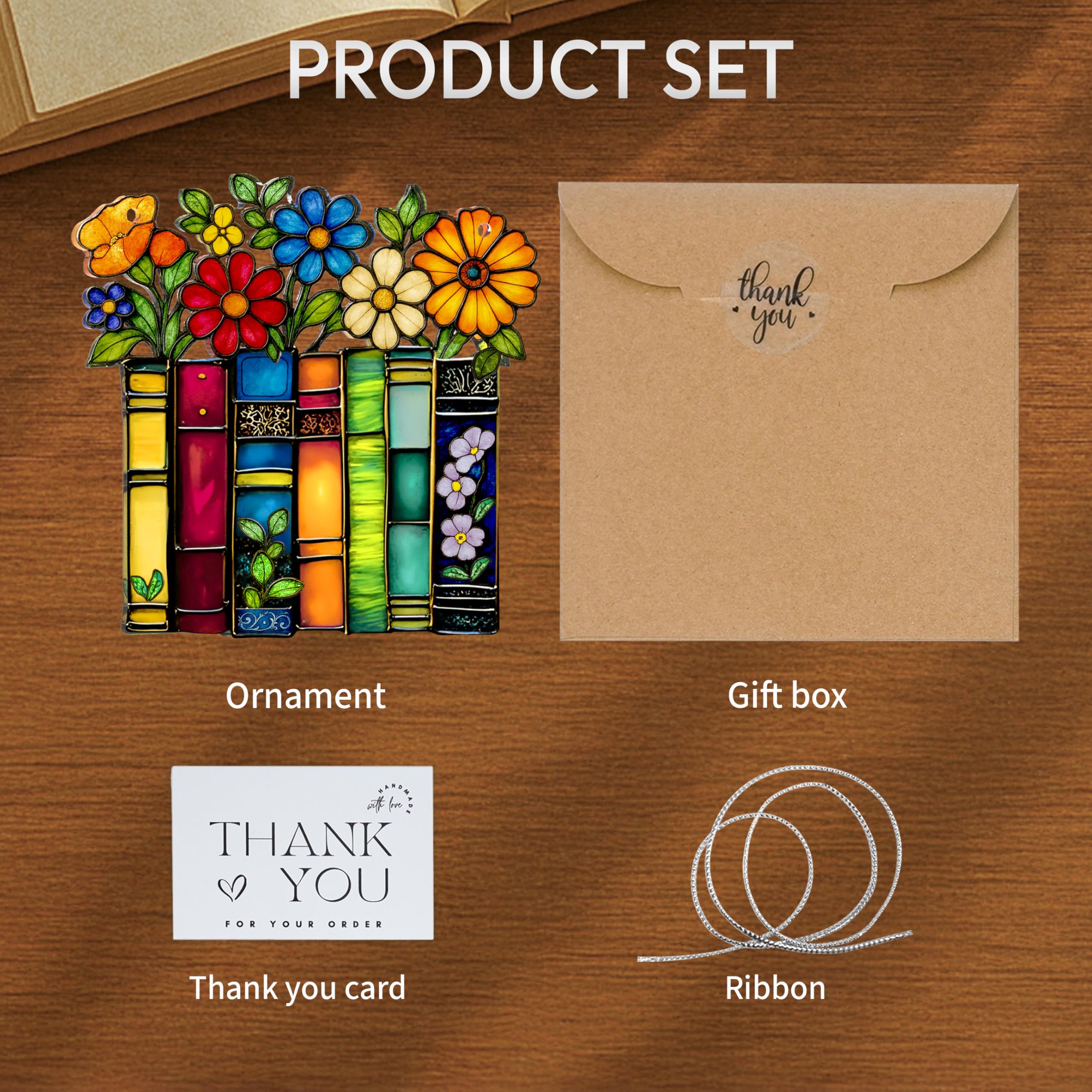 Book ornament faux stained glass window hanging with ribbon