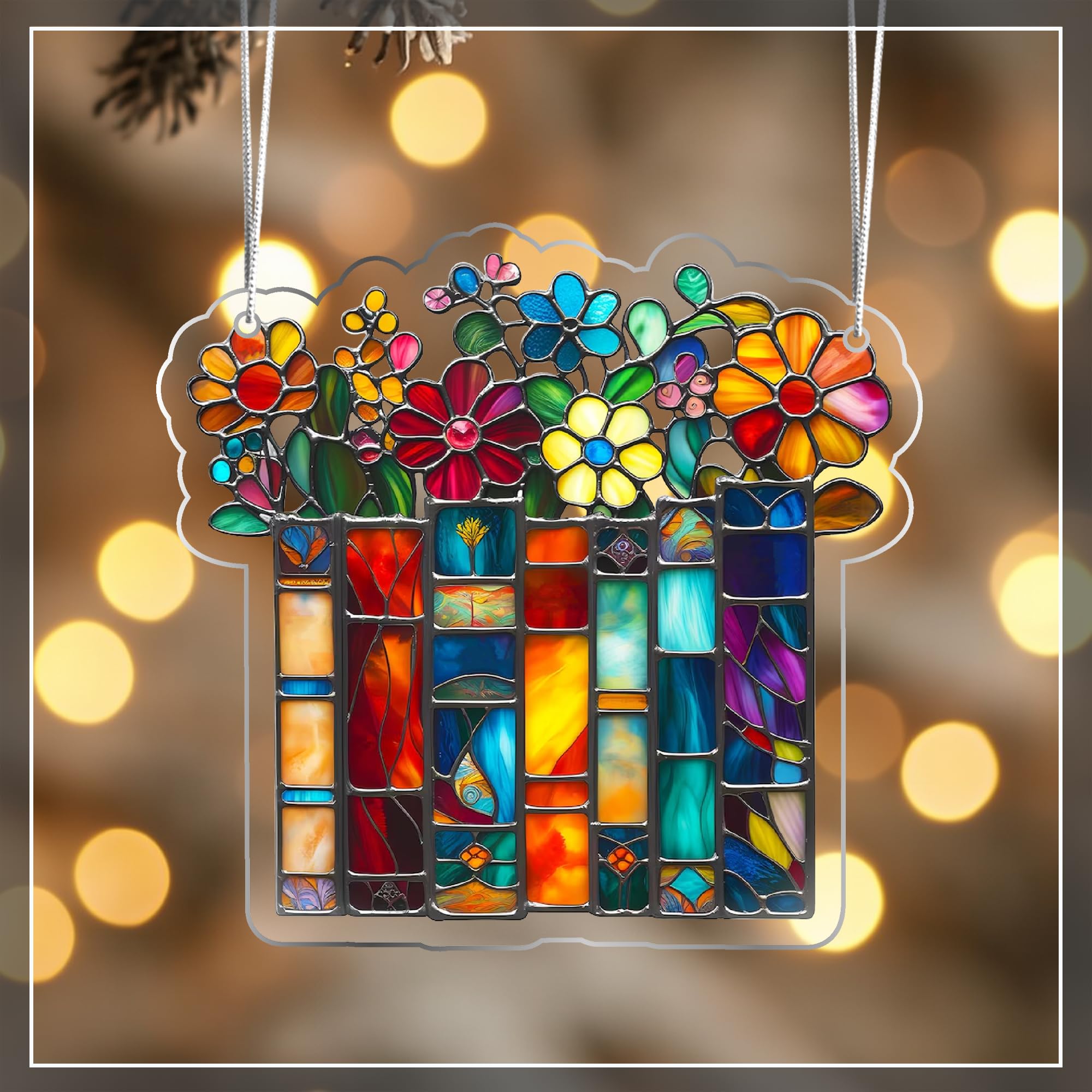 Book Tree stained glass ornament on display