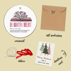 Gift-ready booklovers ornament with ribbon card and box