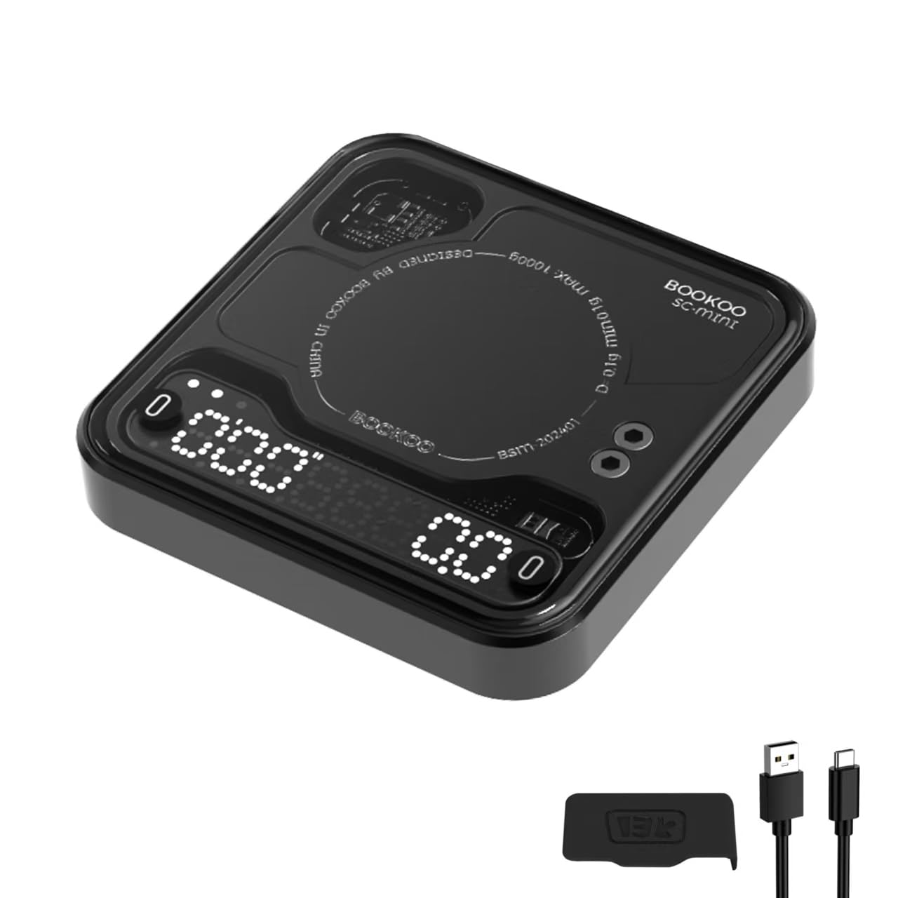 Bookoo coffee scale compact size 3.15 by 3.15 inches and 140g weight