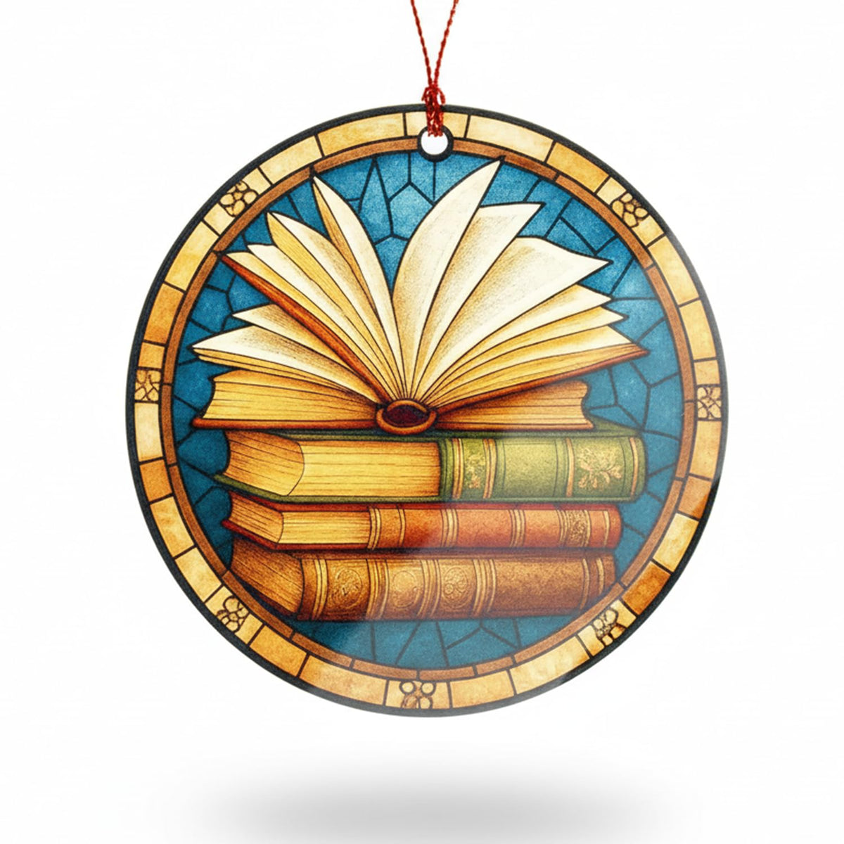 Open book ornament on a Christmas tree with vintage design