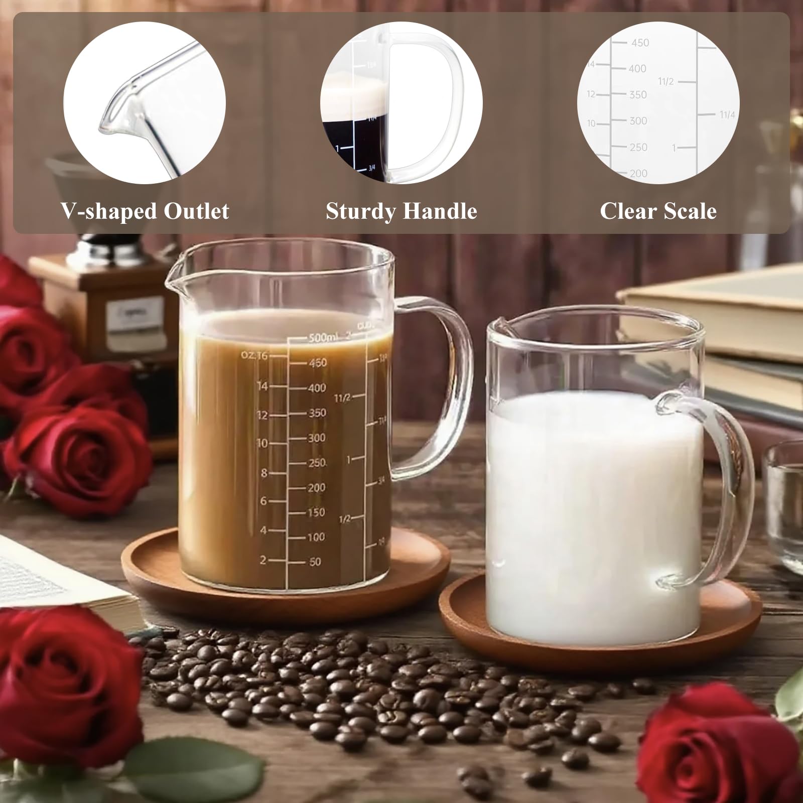 V-shaped spout and glass handle on measuring beaker