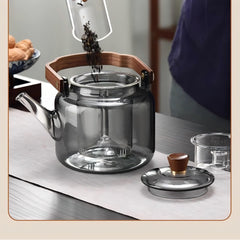 Transparent teapot with wooden handle and lid knob