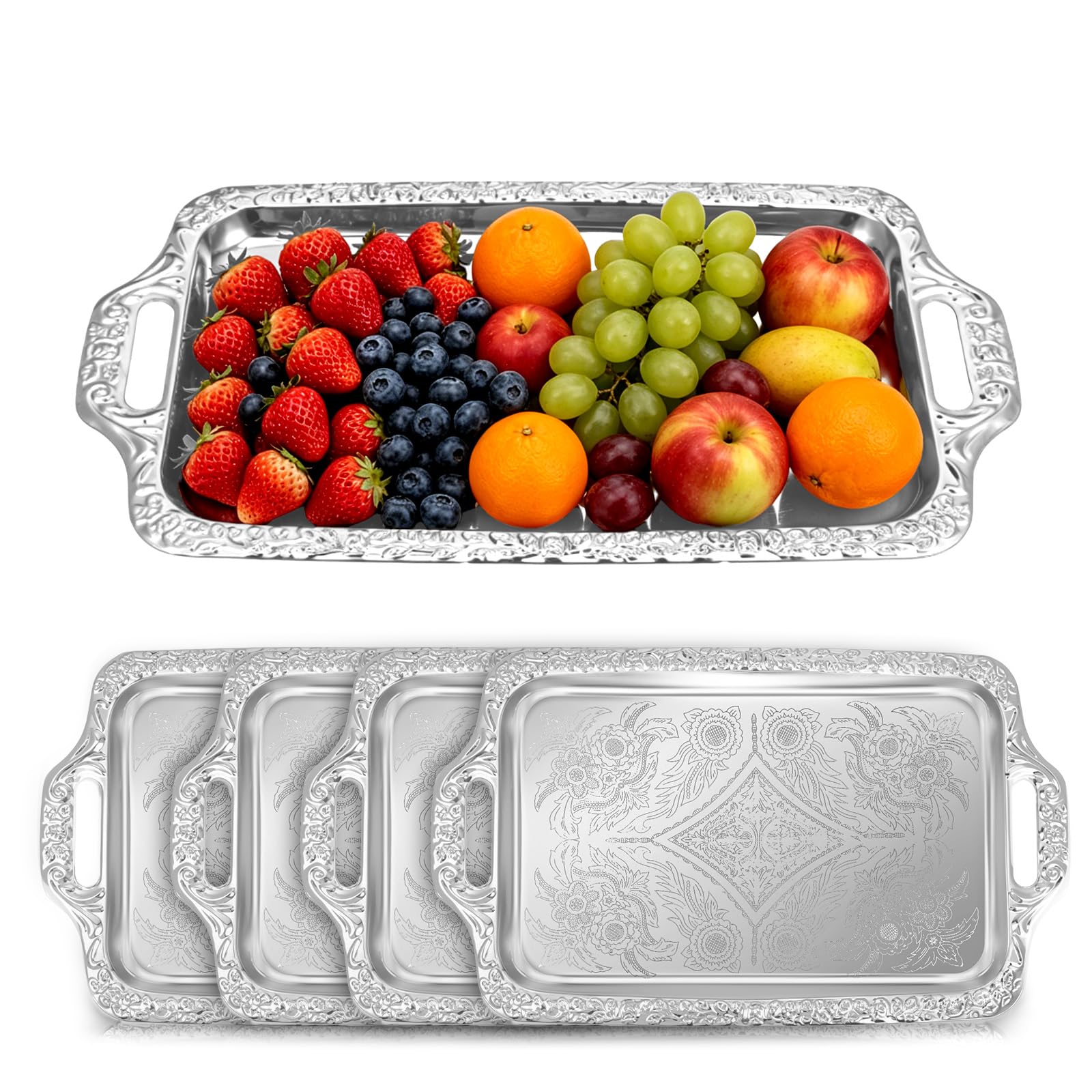 BotleFlow 4pc silver serving tray with handles on table