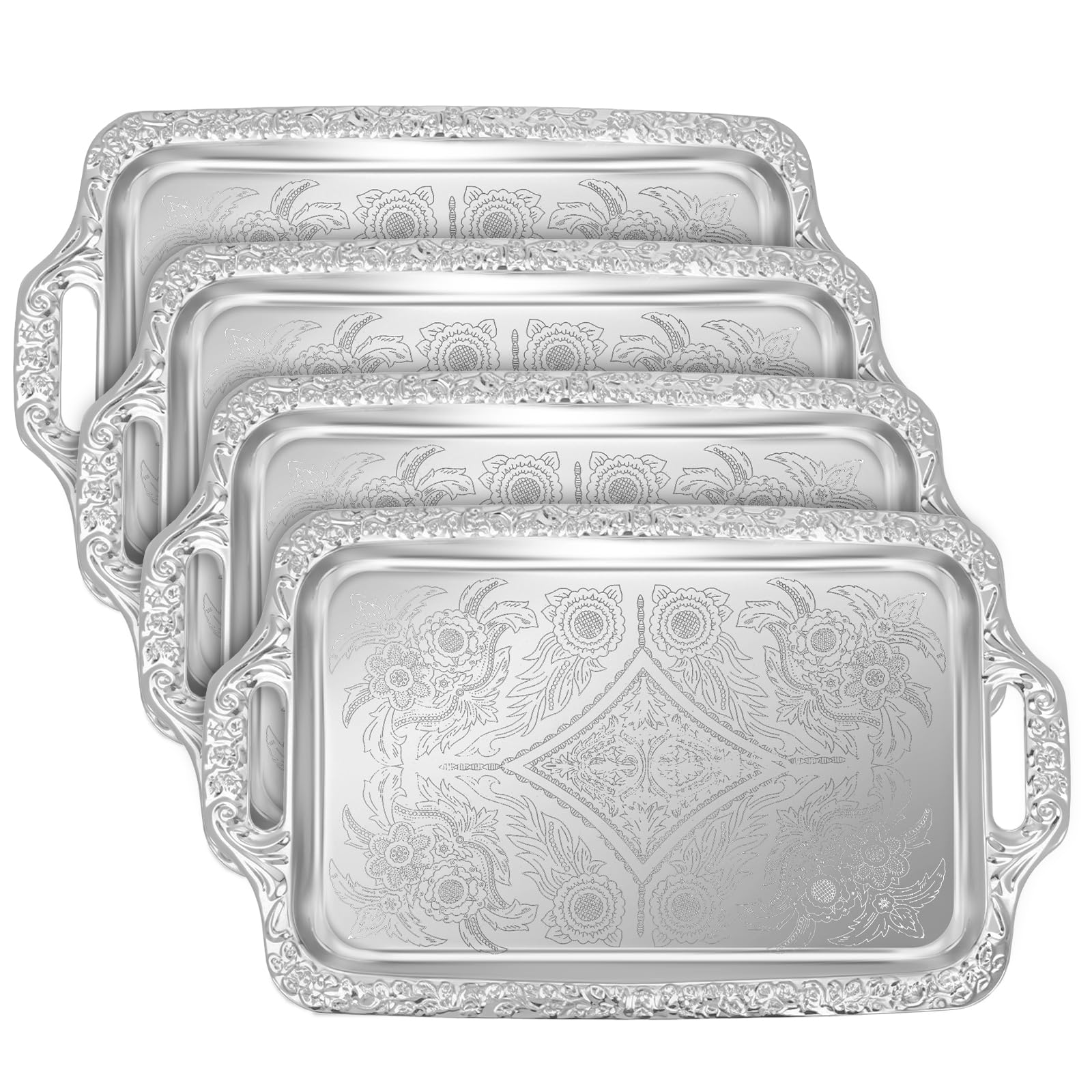 Stainless steel serving tray with floral engravings on handles BotleFlow