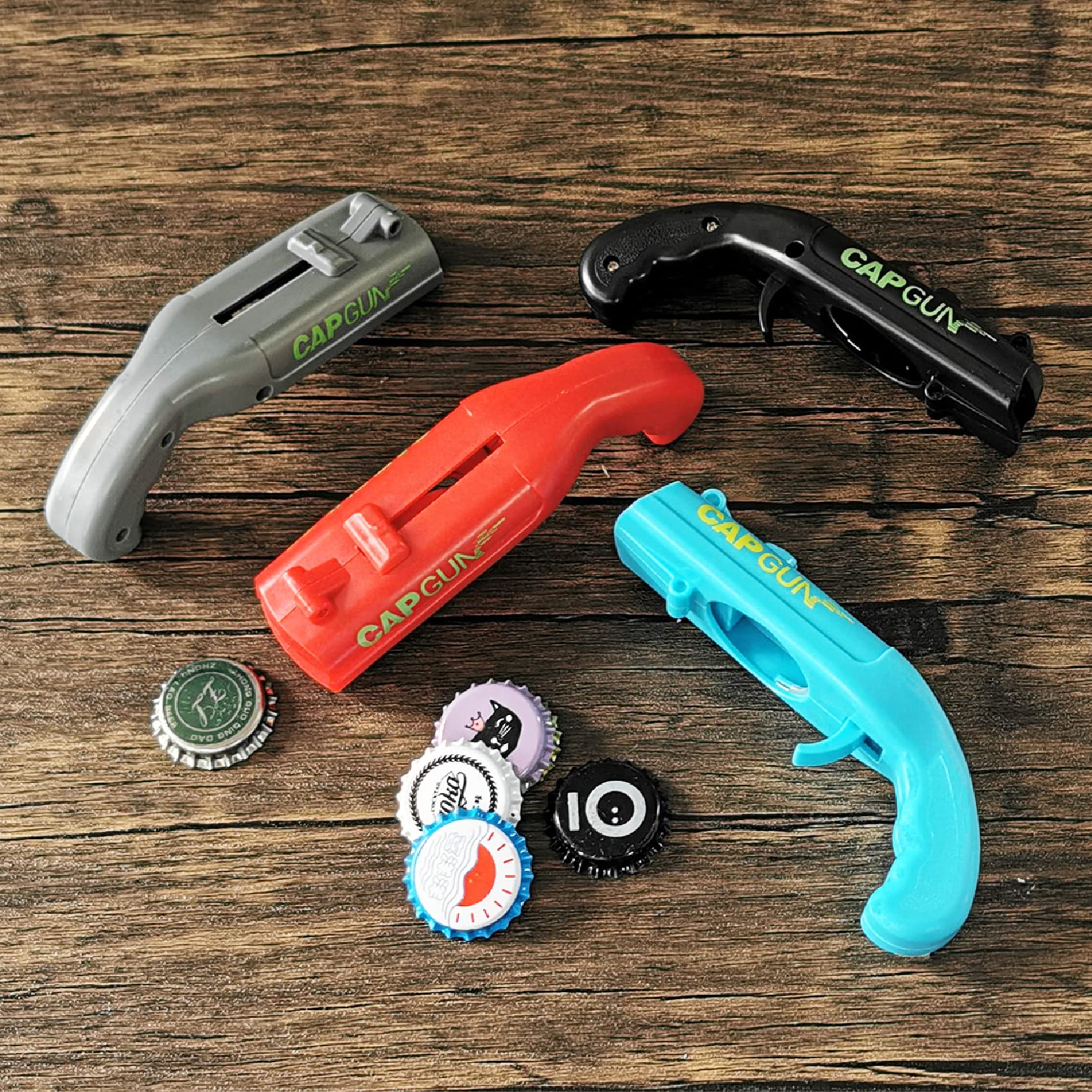 Bottle opener cap gun launcher detail showing spring mechanism