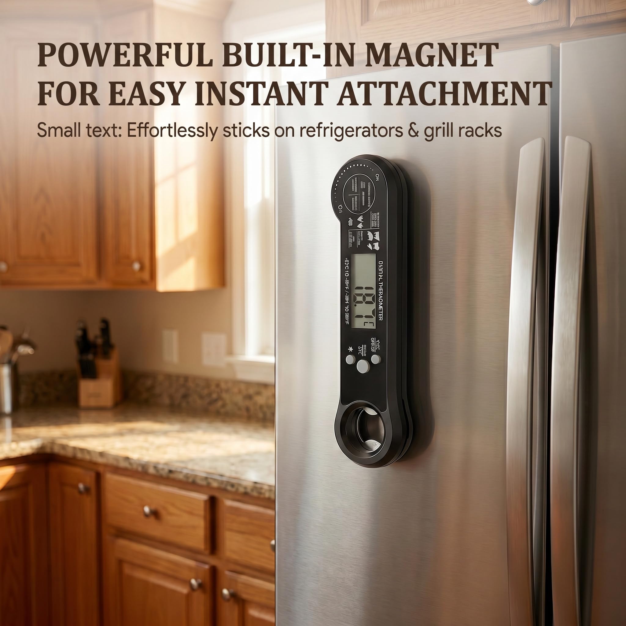 Built-in bottle opener on digital meat thermometer