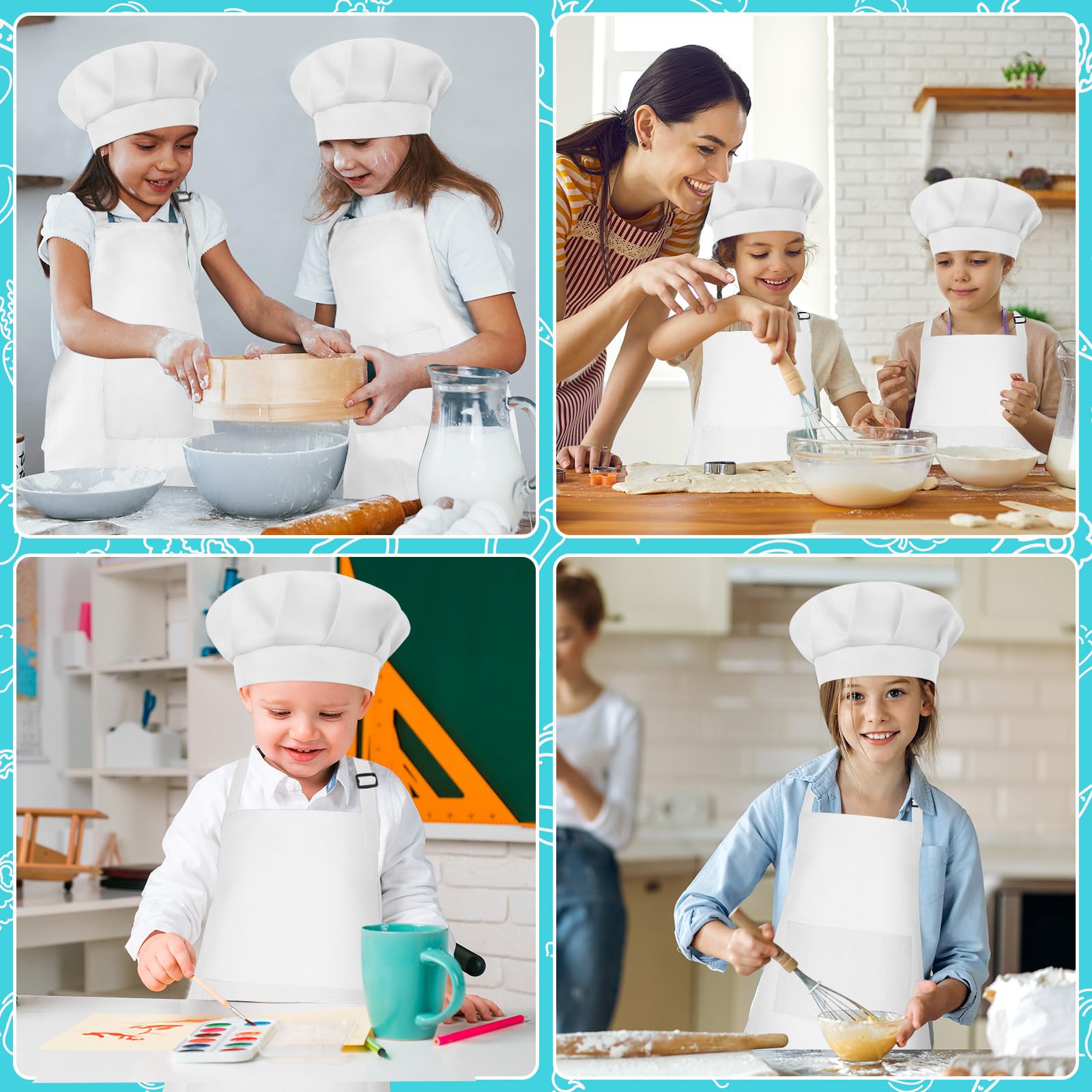 Set includes 3 aprons and 3 chef hats for activities