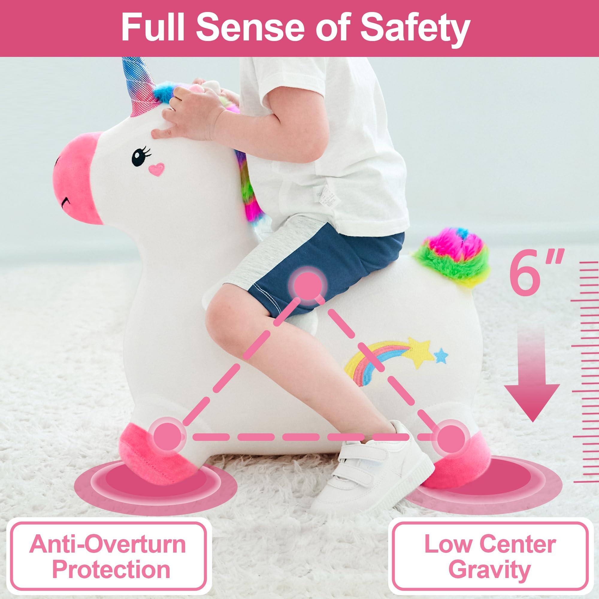 Bouncy Pals Inflation plug visible on unicorn hopper toy