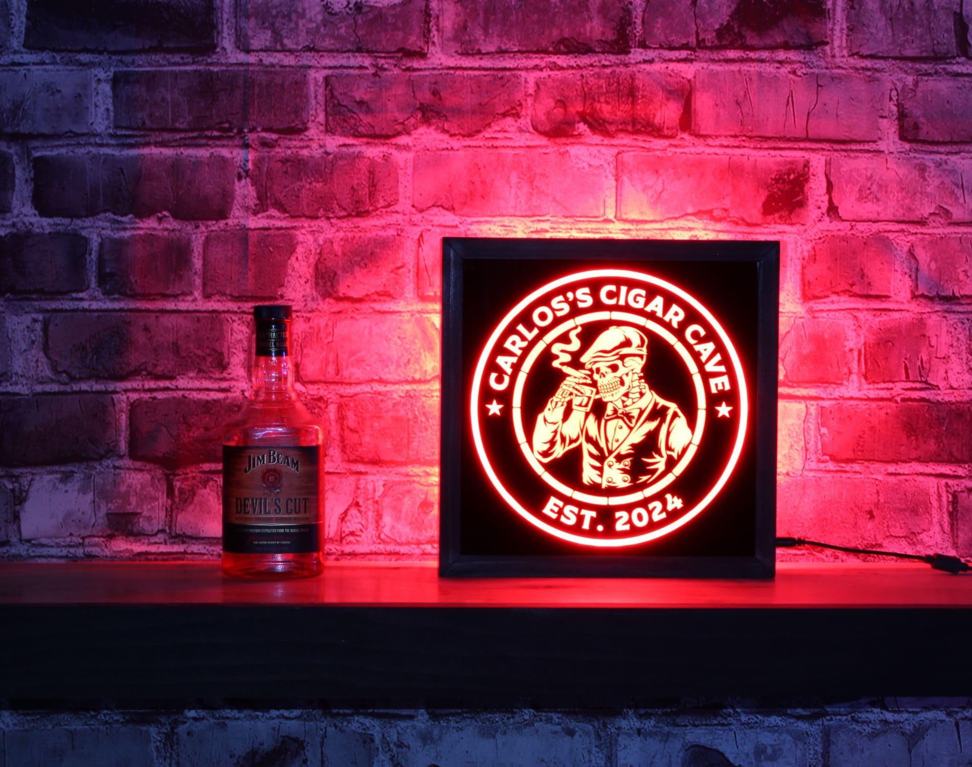 Bourbon & Bones skeleton whiskey bar sign RGB LED colors