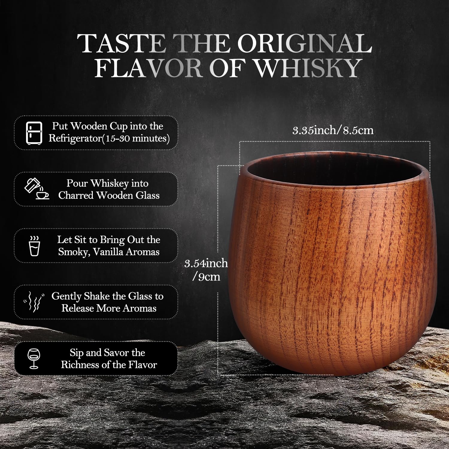 Home bar display with charred wooden old fashioned glasses