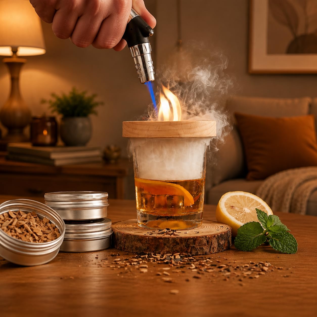 Kit showing 8 wood chip flavors and 4 scented candles