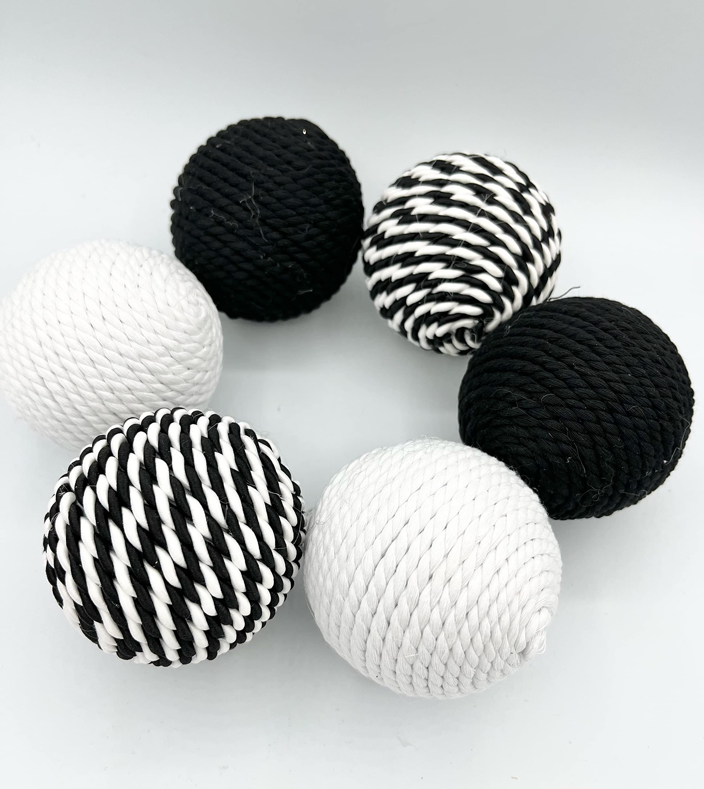 Bowl filler set of 6 rope wrapped balls in black and white