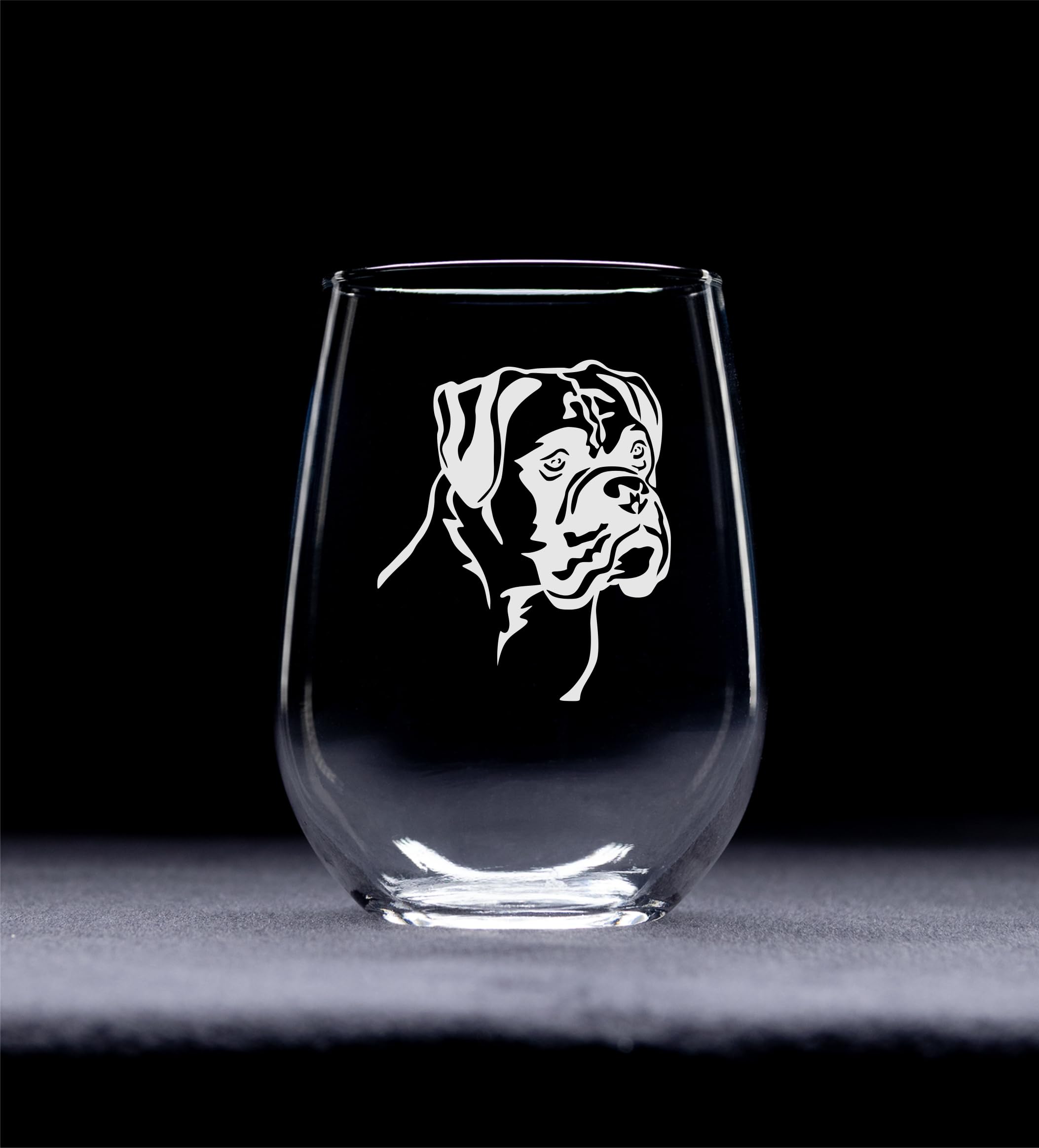 Boxer Dog themed etched design on stemless wine glass