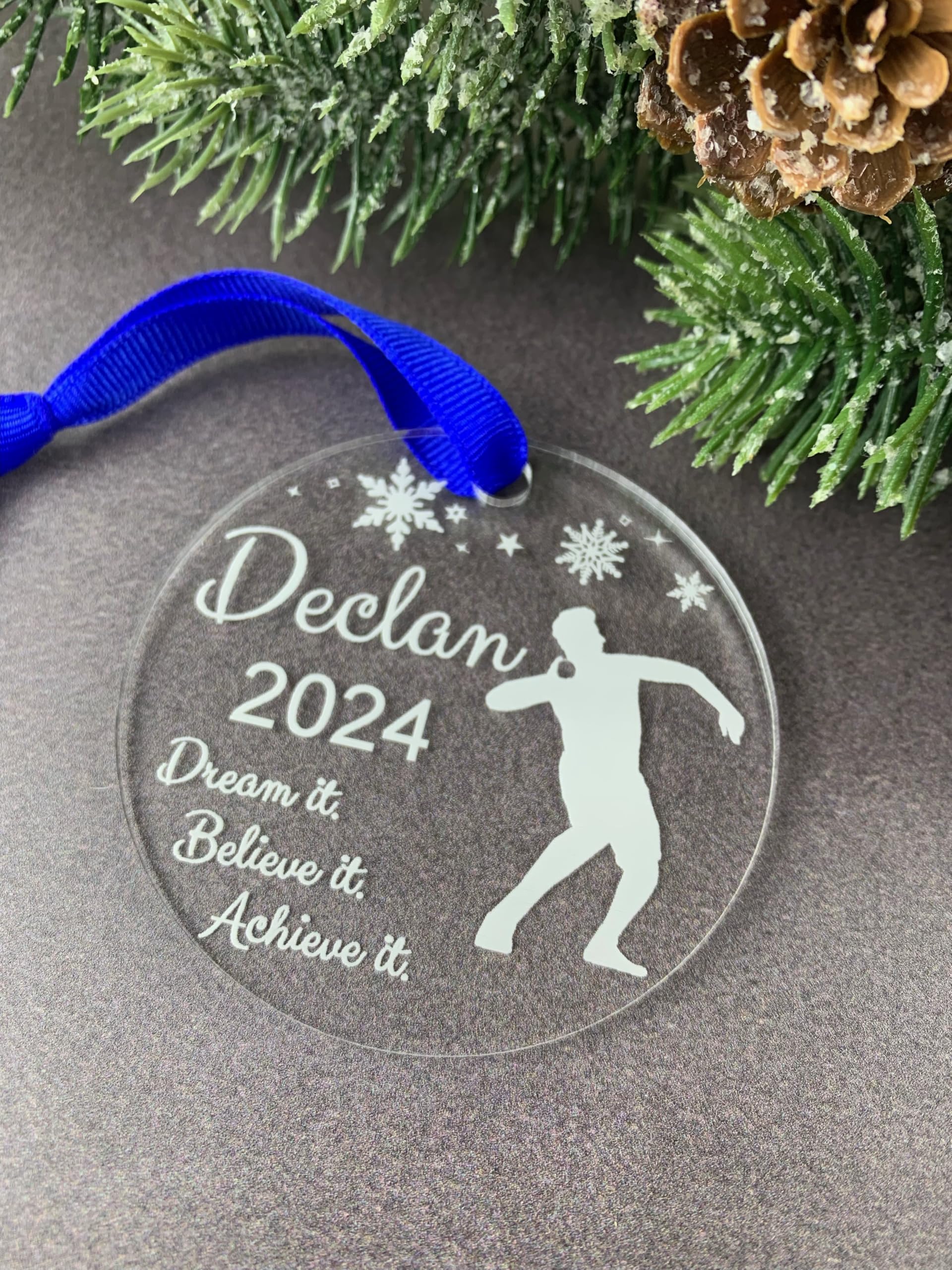 Name and year personalization on shot put ornament