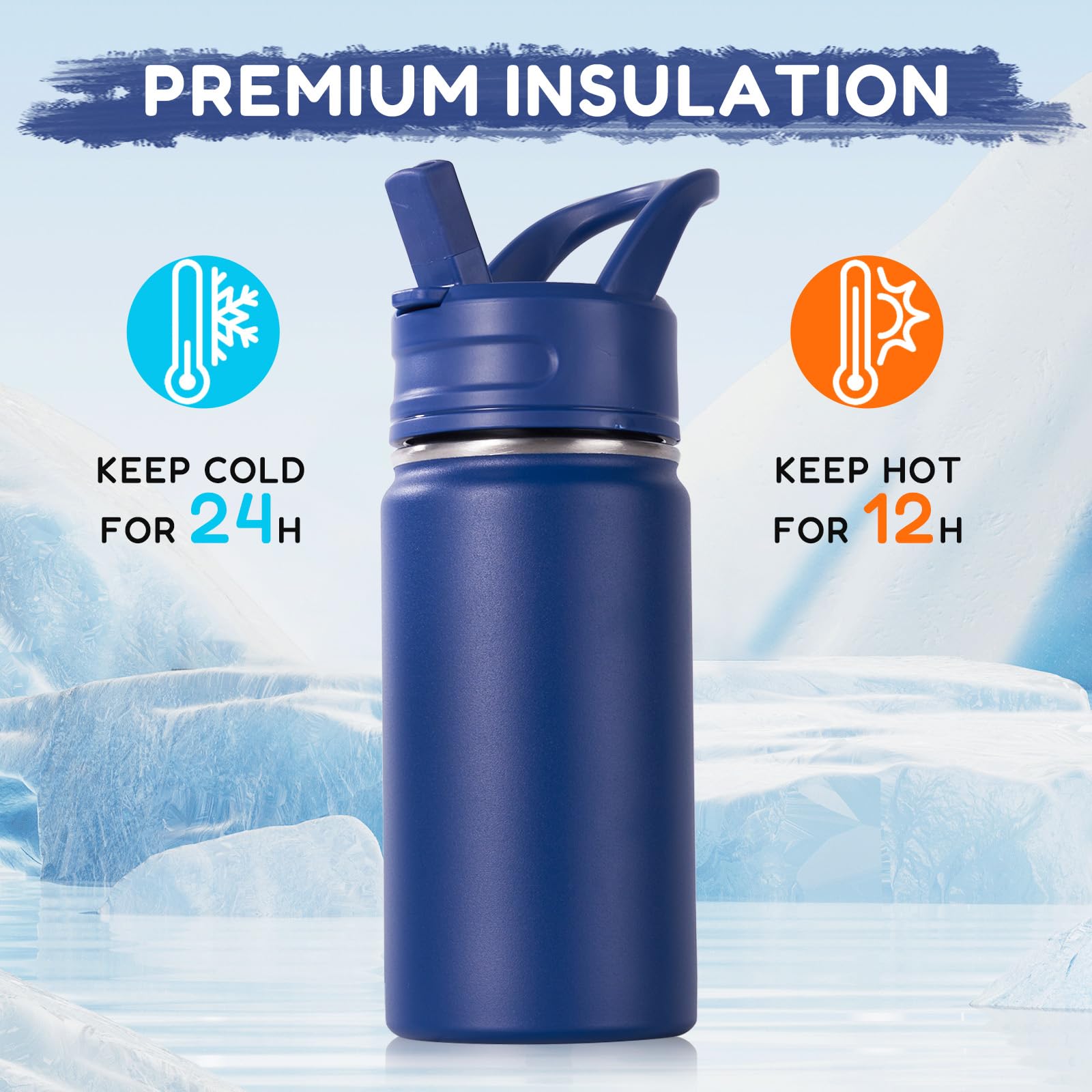 Durable stainless steel kids bottle keeps drinks hot 12h and cold 24h