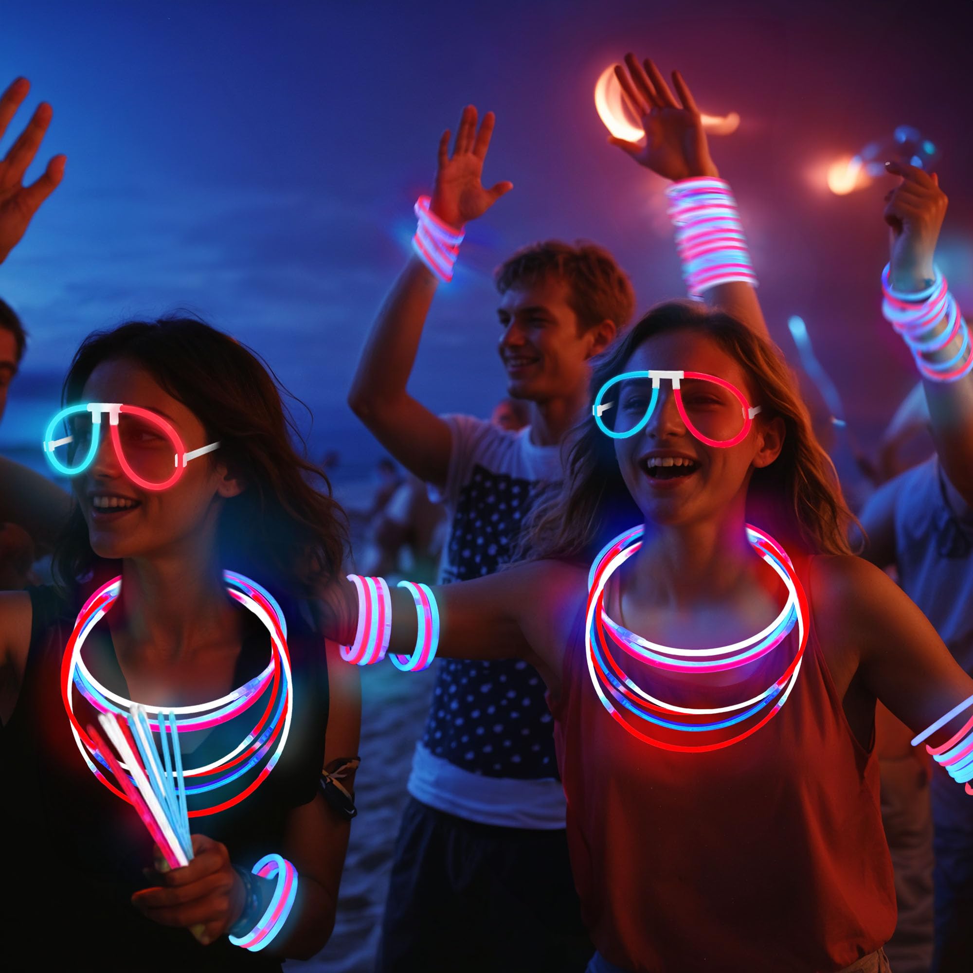 Bracelets and necklaces made with glow sticks and connectors