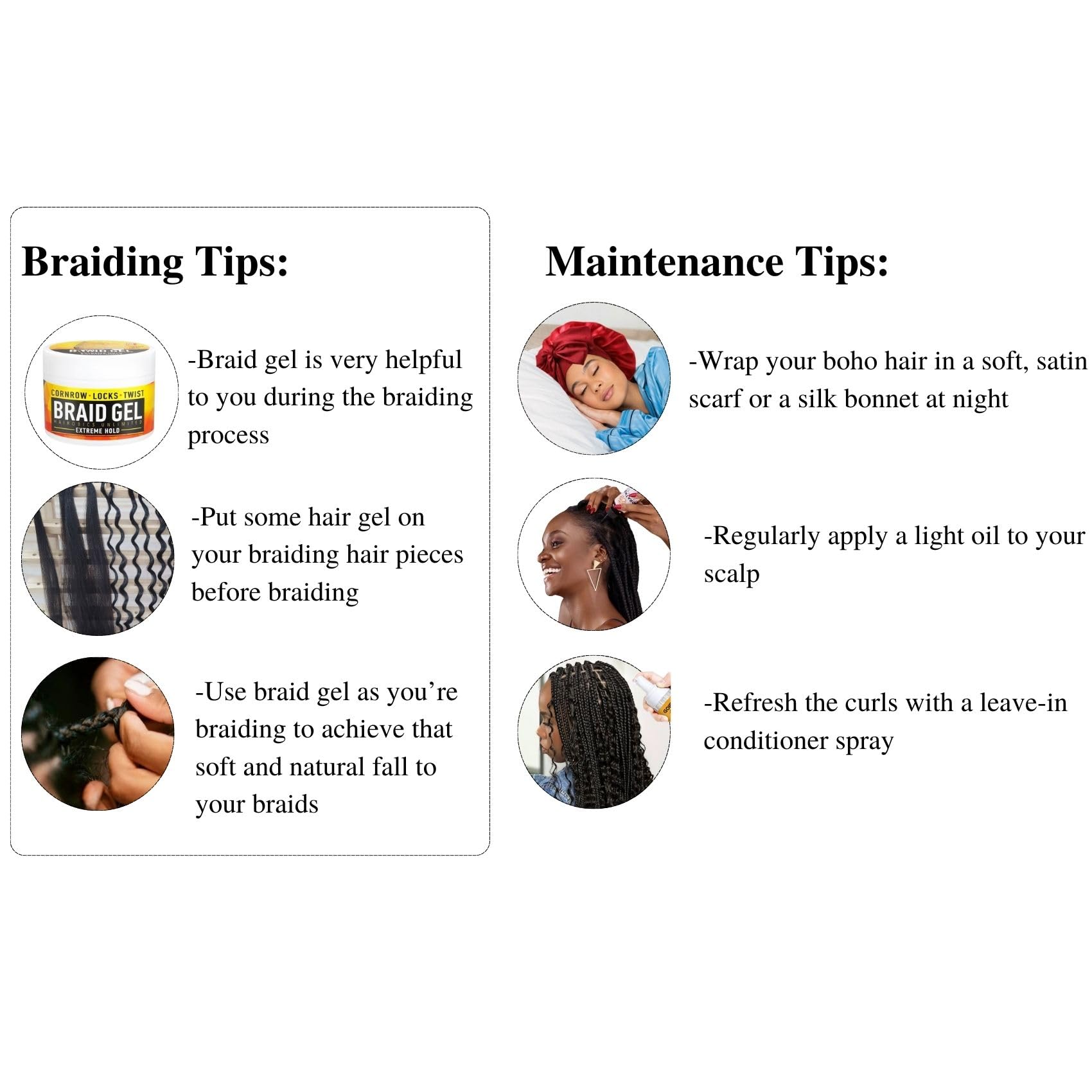 Care tips for Boho braids include satin scarf and conditioner spray