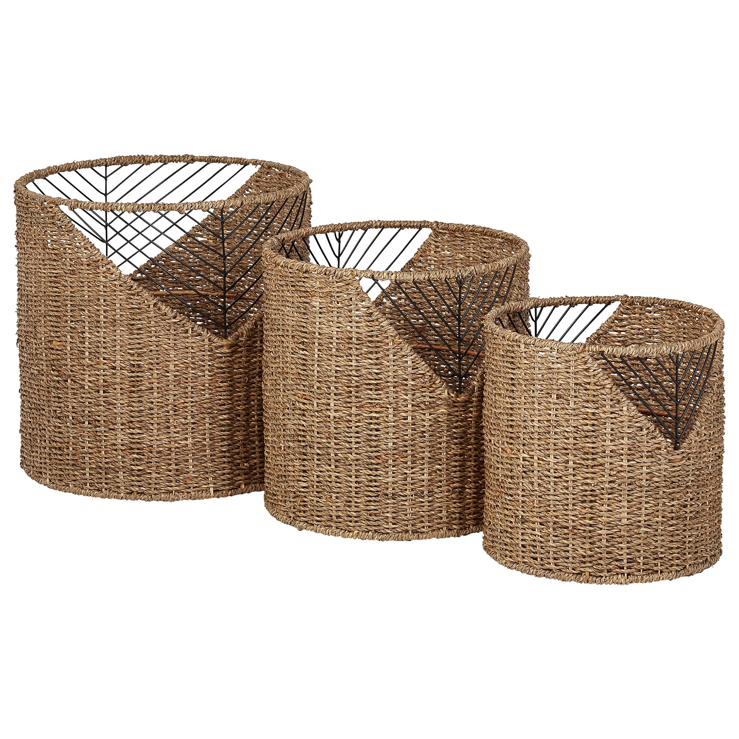 Brand Stone &amp; Beam round seagrass storage basket set large with gold accents