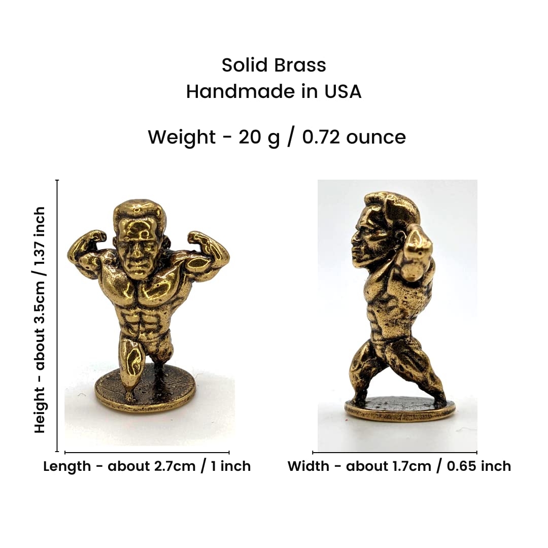 Solid brass bodybuilder figurine close up with weightlifting pose