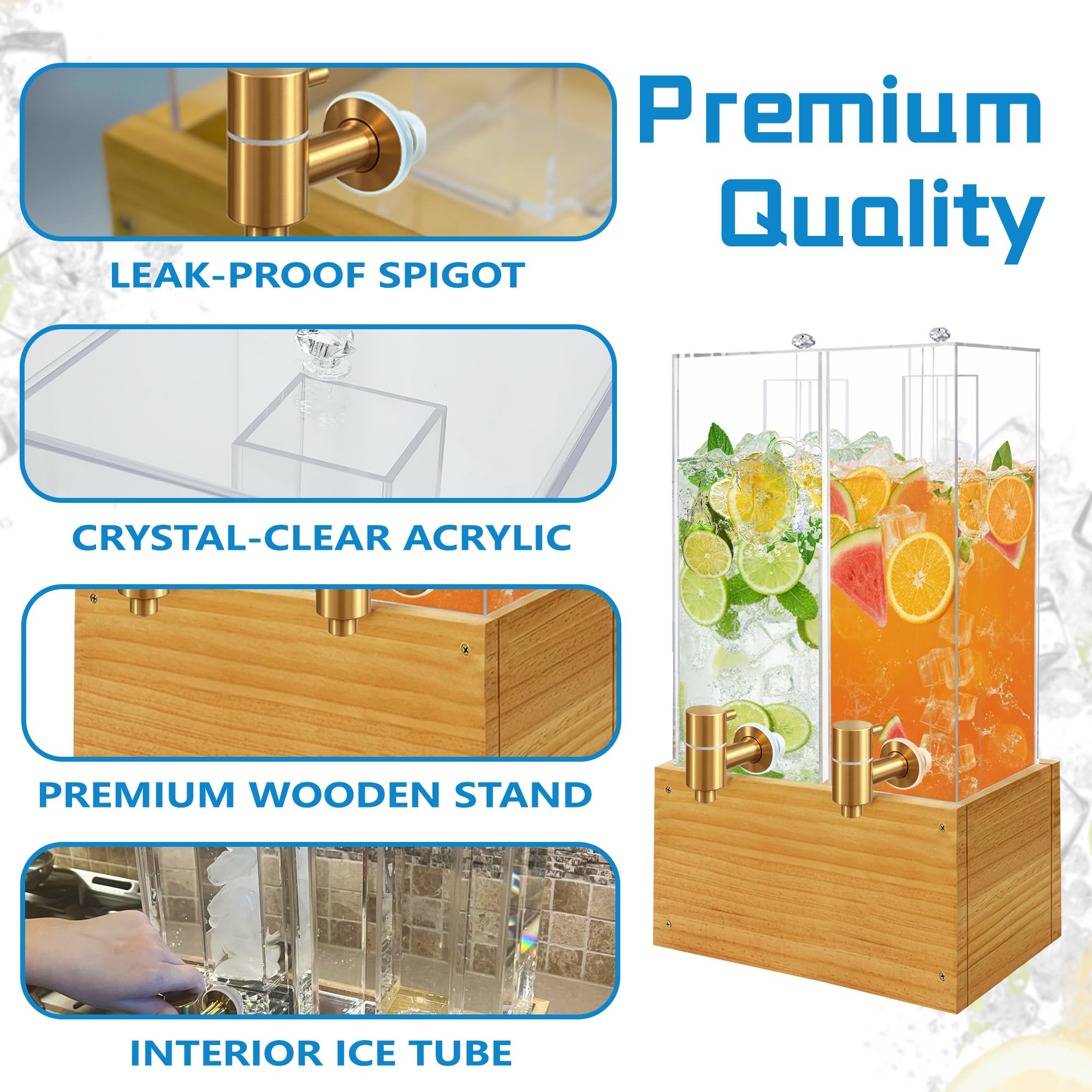 Brass-tone spigots provide smooth pours