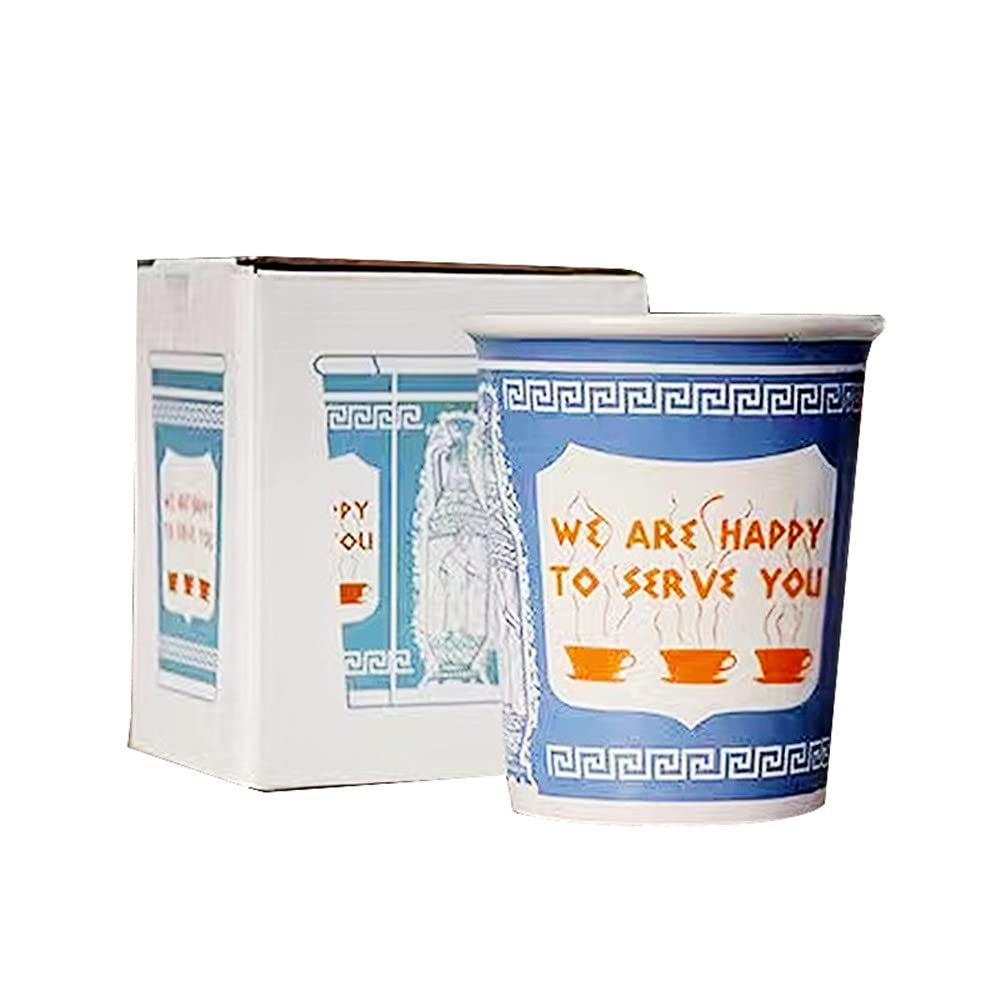 BRASTR New York ceramic coffee cup with We Are Happy To Serve You message