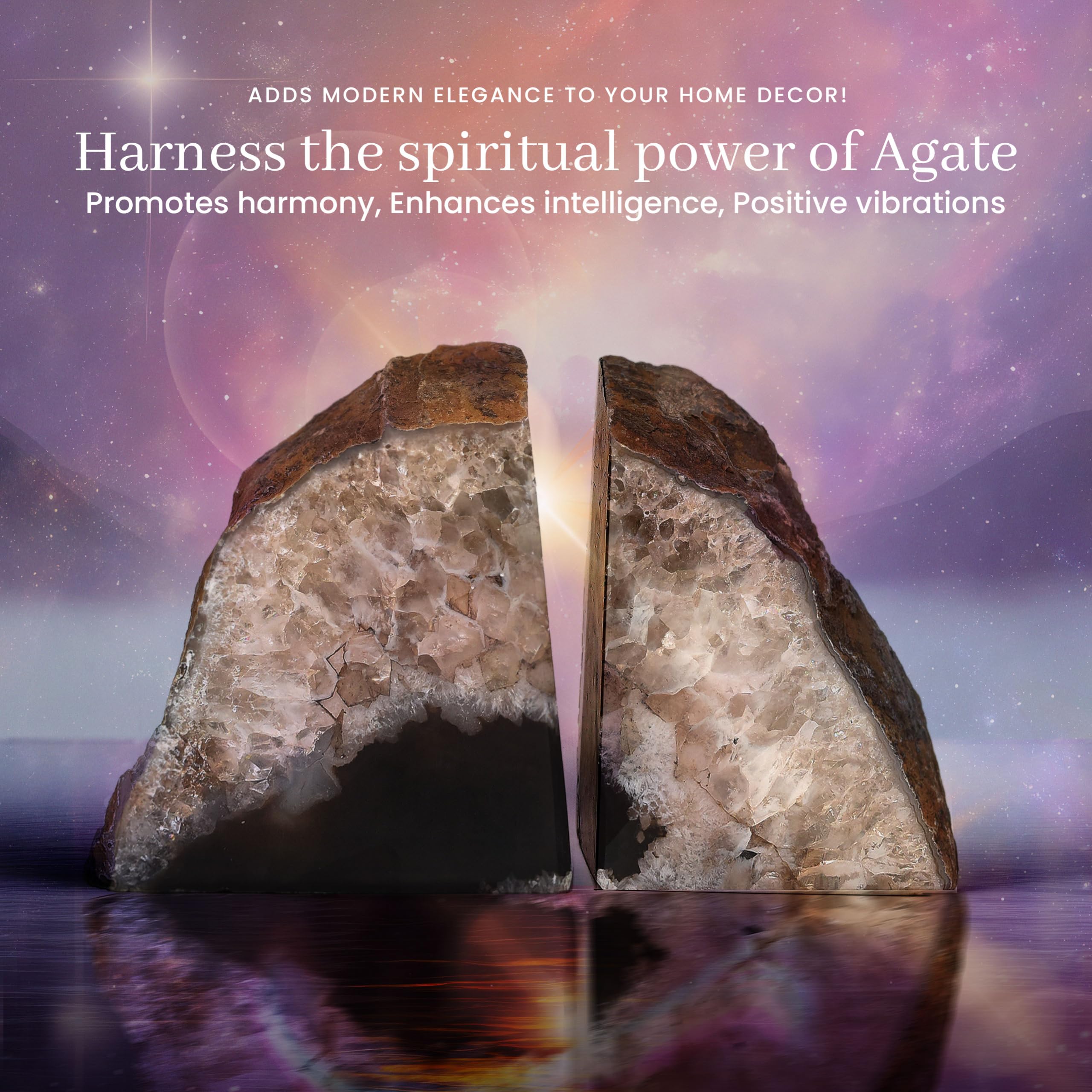 Crystal energy agate bookends on display