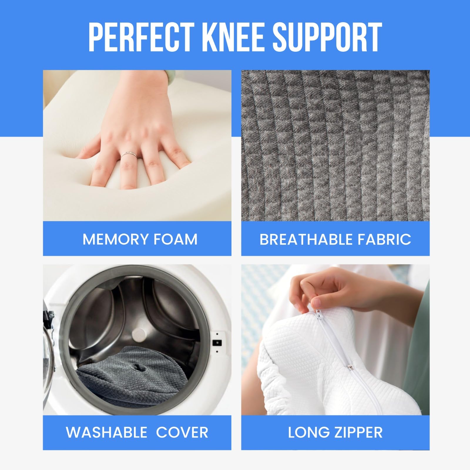 Breathable cover knee pillow with stay-on technology