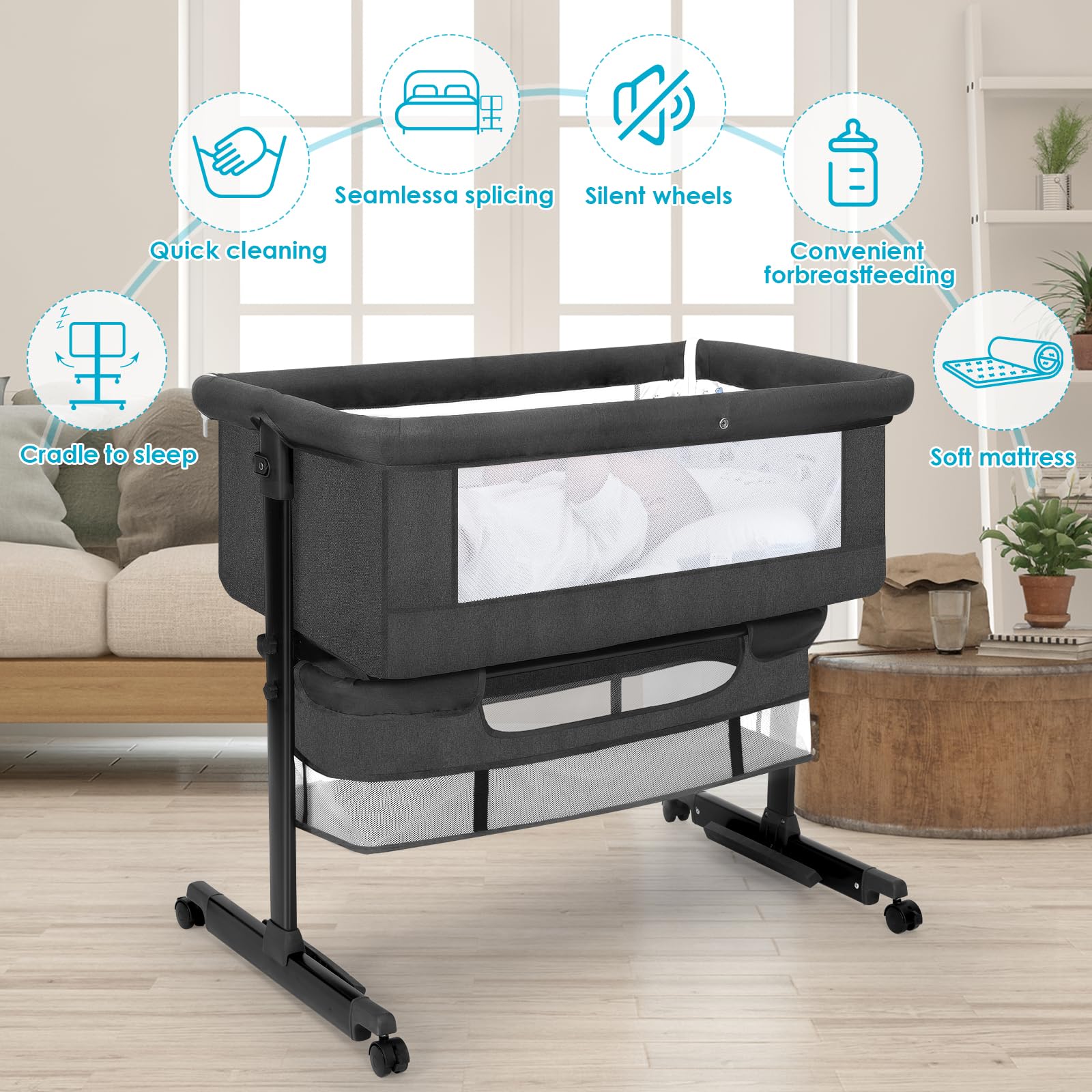 Underbassinet storage space with bottles pockets