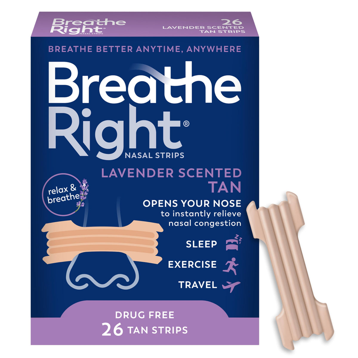 Breathe Right Nasal Strips Extra Strength lavender tan packaging