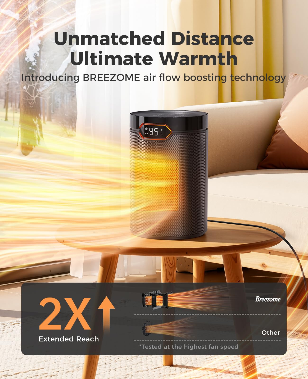 Portable indoor space heater by BREEZOME for desk use
